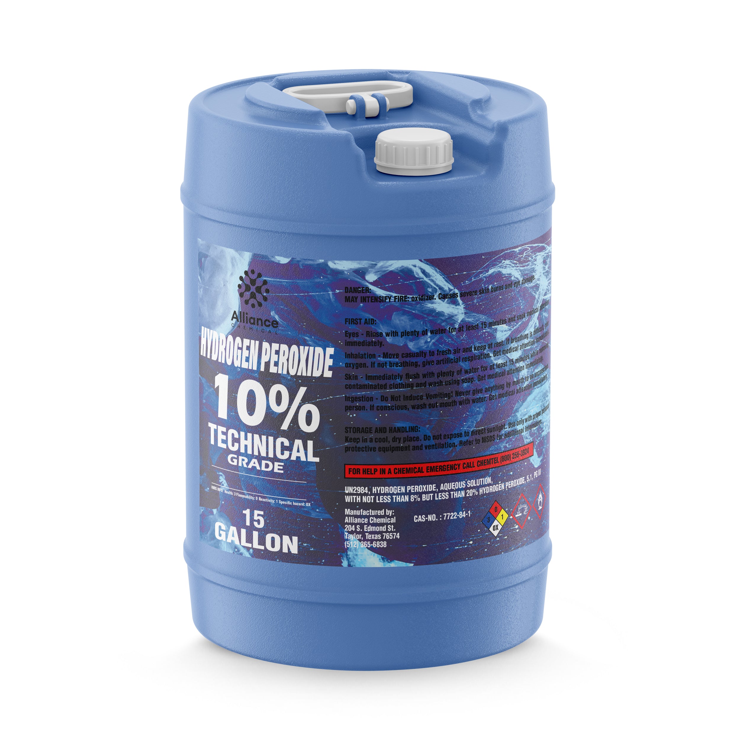 15-gallon blue carboy of 10% Technical Grade Hydrogen Peroxide with NFPA diamond hazard labels, first aid instructions, and dual-handle design.