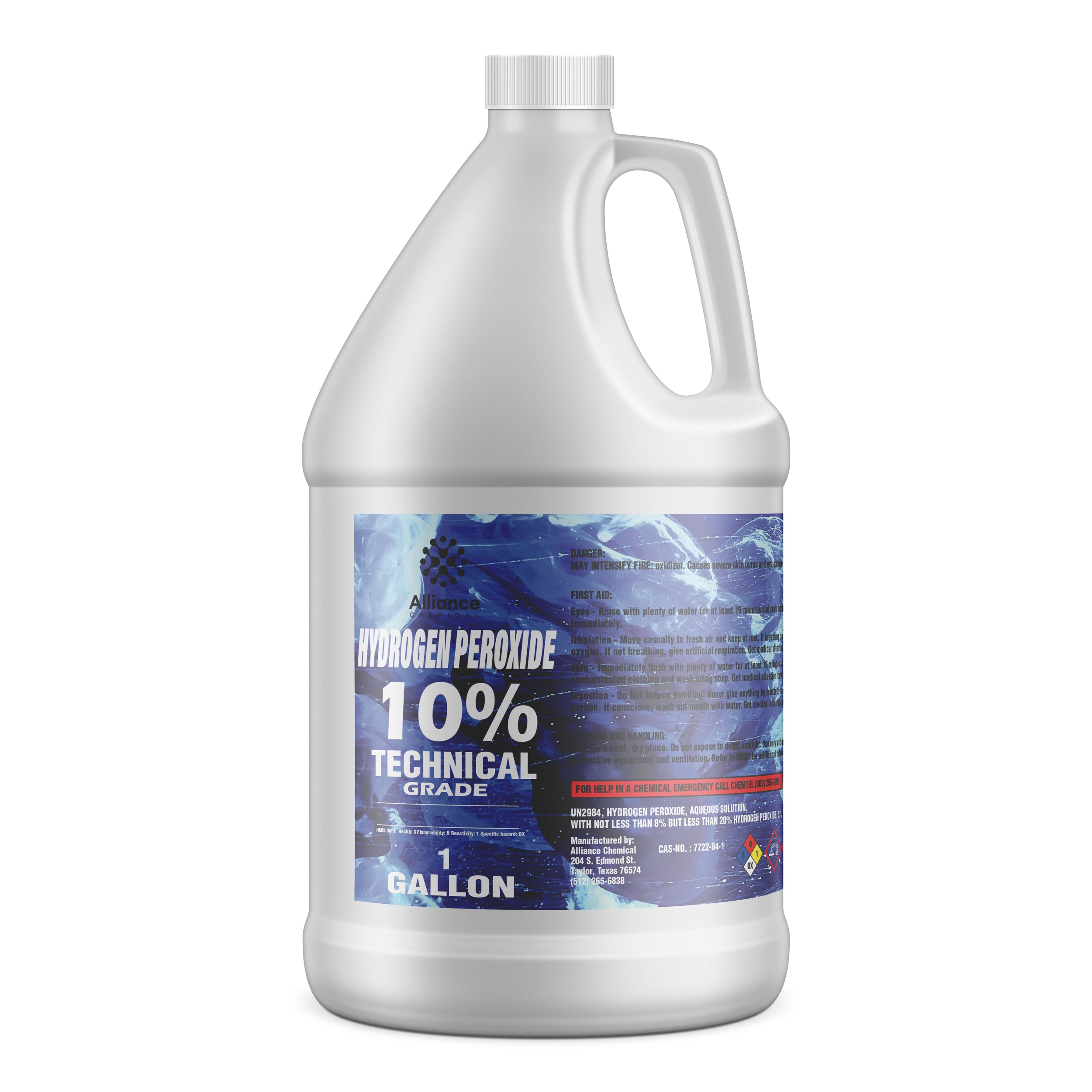 One-gallon white HDPE jug of Alliance 10% Technical Grade Hydrogen Peroxide with blue hazard label and chemical safety information.
