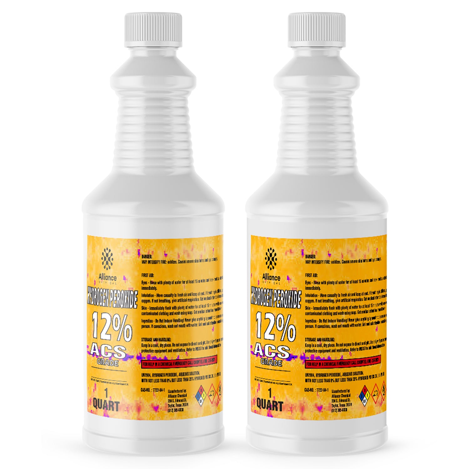 1-quart plastic bottles of 12% ACS-grade hydrogen peroxide solution with yellow warning label, white ribbed cap, and NFPA safety diamonds.