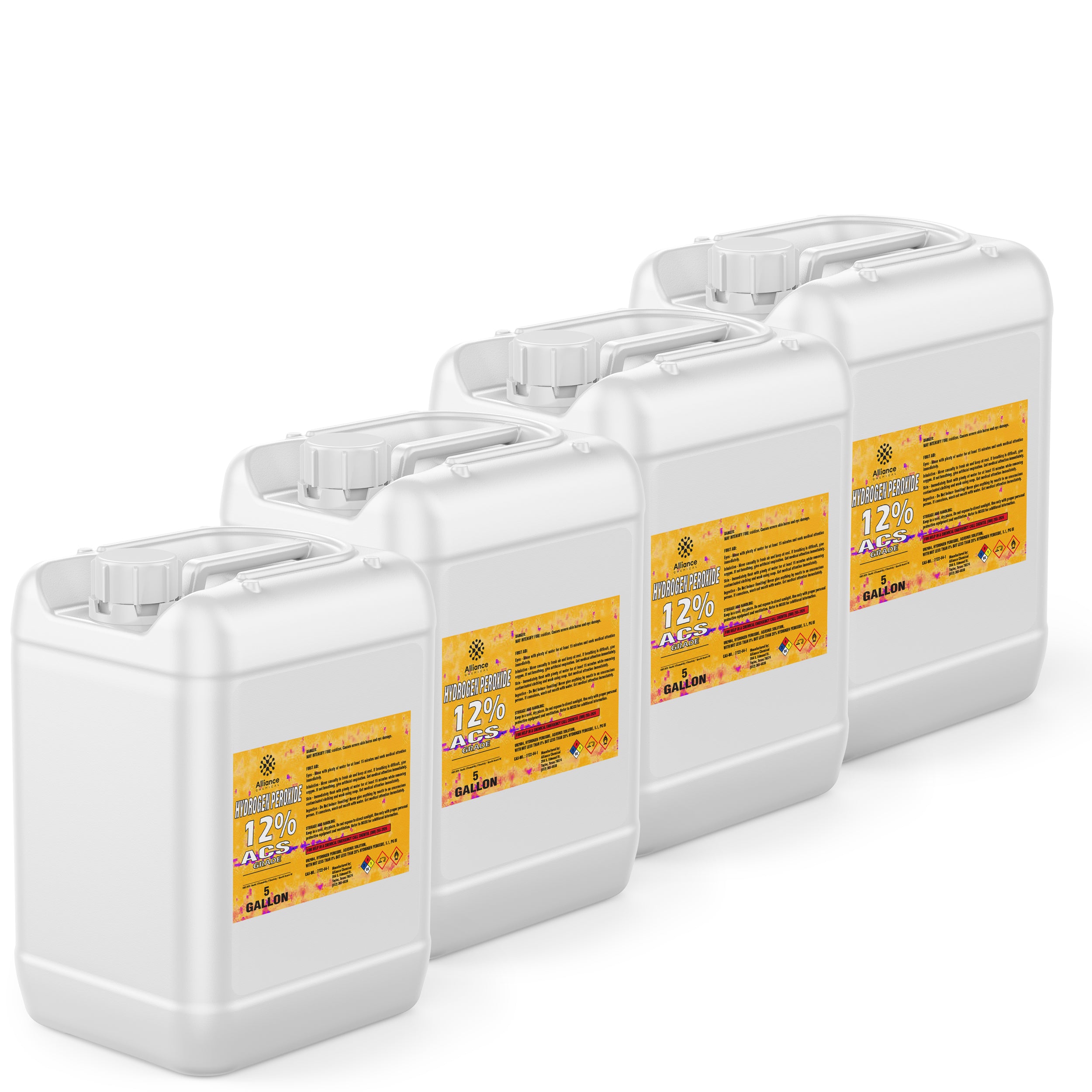 4x5-gallon white HDPE containers of 12% ACS-grade hydrogen peroxide, featuring yellow hazard warning labels and screw-top safety caps.