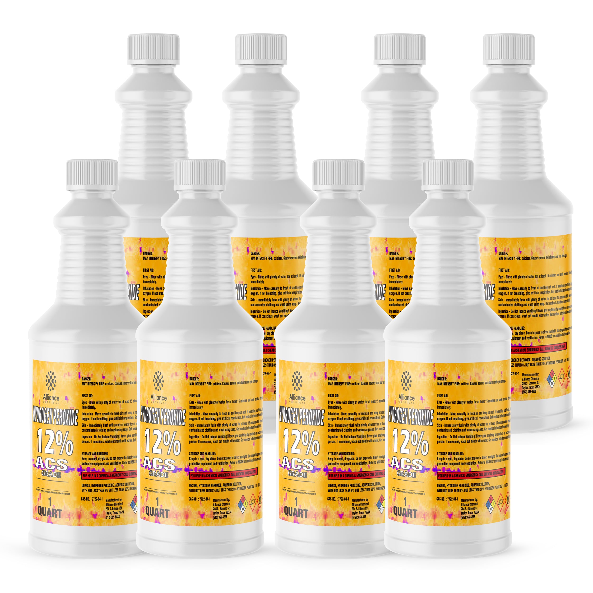 Quart bottles of 12% ACS-grade hydrogen peroxide in white HDPE containers with yellow labels, hazard warnings and safety symbols, pack of 8.