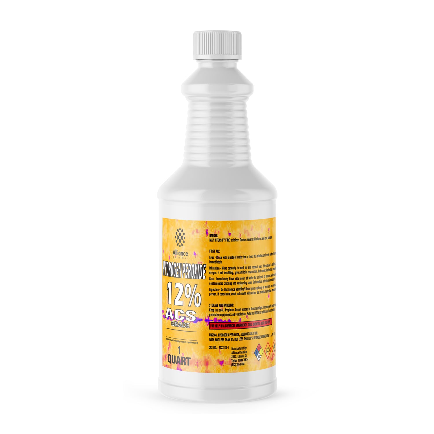 1-quart white HDPE bottle of 12% ACS-grade hydrogen peroxide with yellow safety label, warning symbols, and ribbed closure cap.