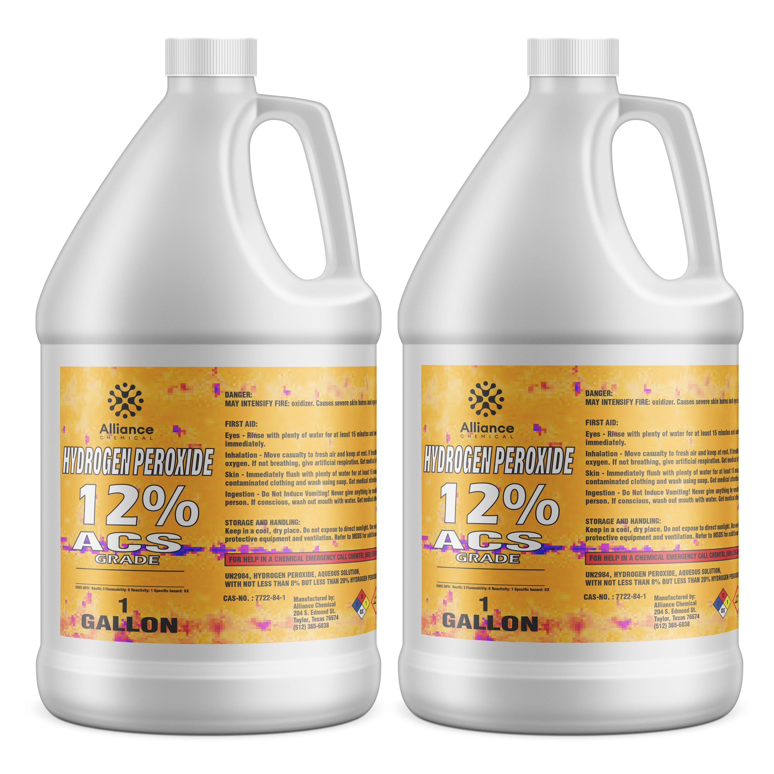 1-gallon bottles (2) of Alliance Chemical 12% Hydrogen Peroxide ACS Grade with yellow safety labels, NFPA diamond, and white HDPE containers.