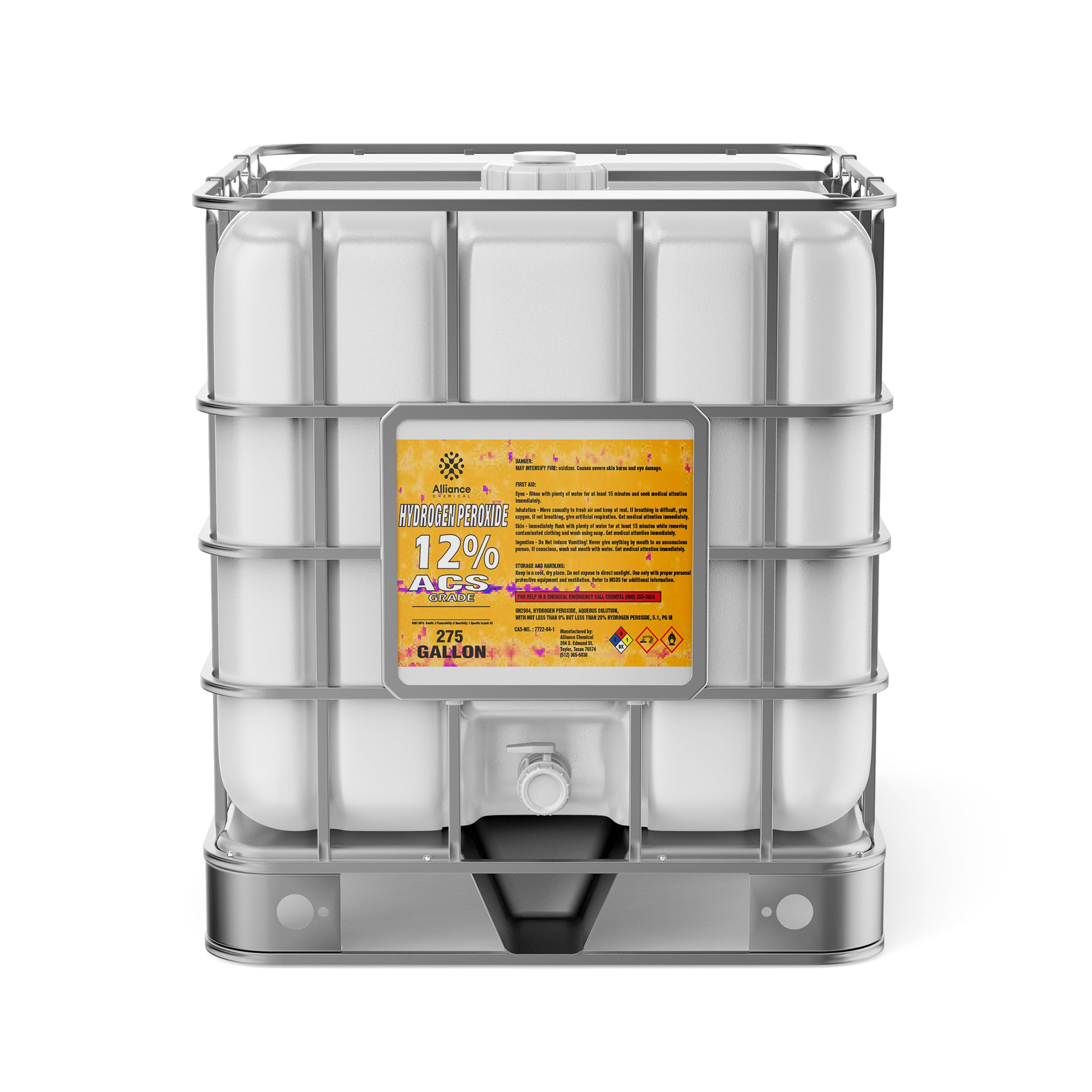 275-gallon IBC tote of 12% ACS-grade hydrogen peroxide in white HDPE container with metal cage, spigot valve, and GHS hazard warning symbols.