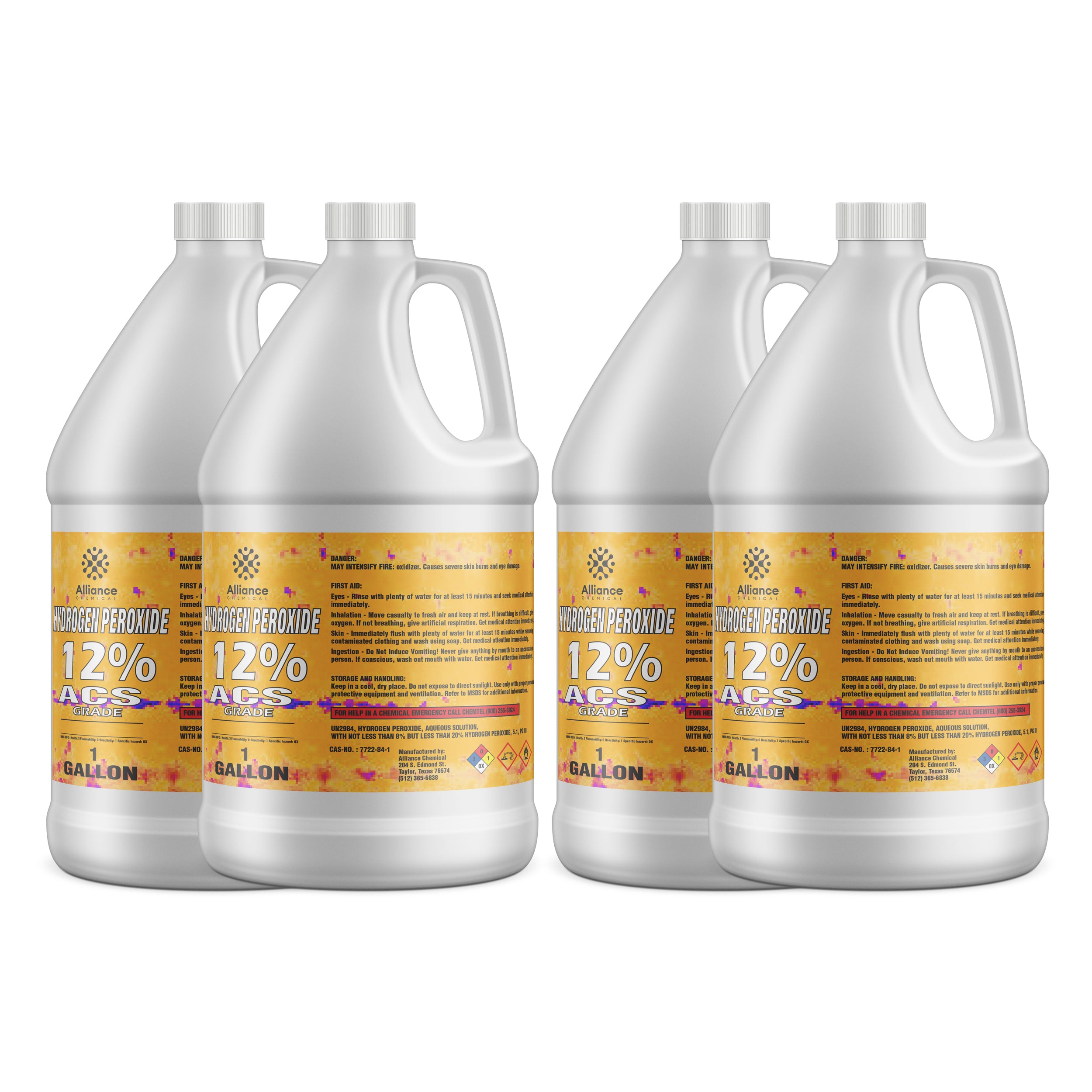 4x1-gallon Alliance Chemical 12% Hydrogen Peroxide, ACS-grade, in white HDPE containers with yellow labels and hazard warning symbols.