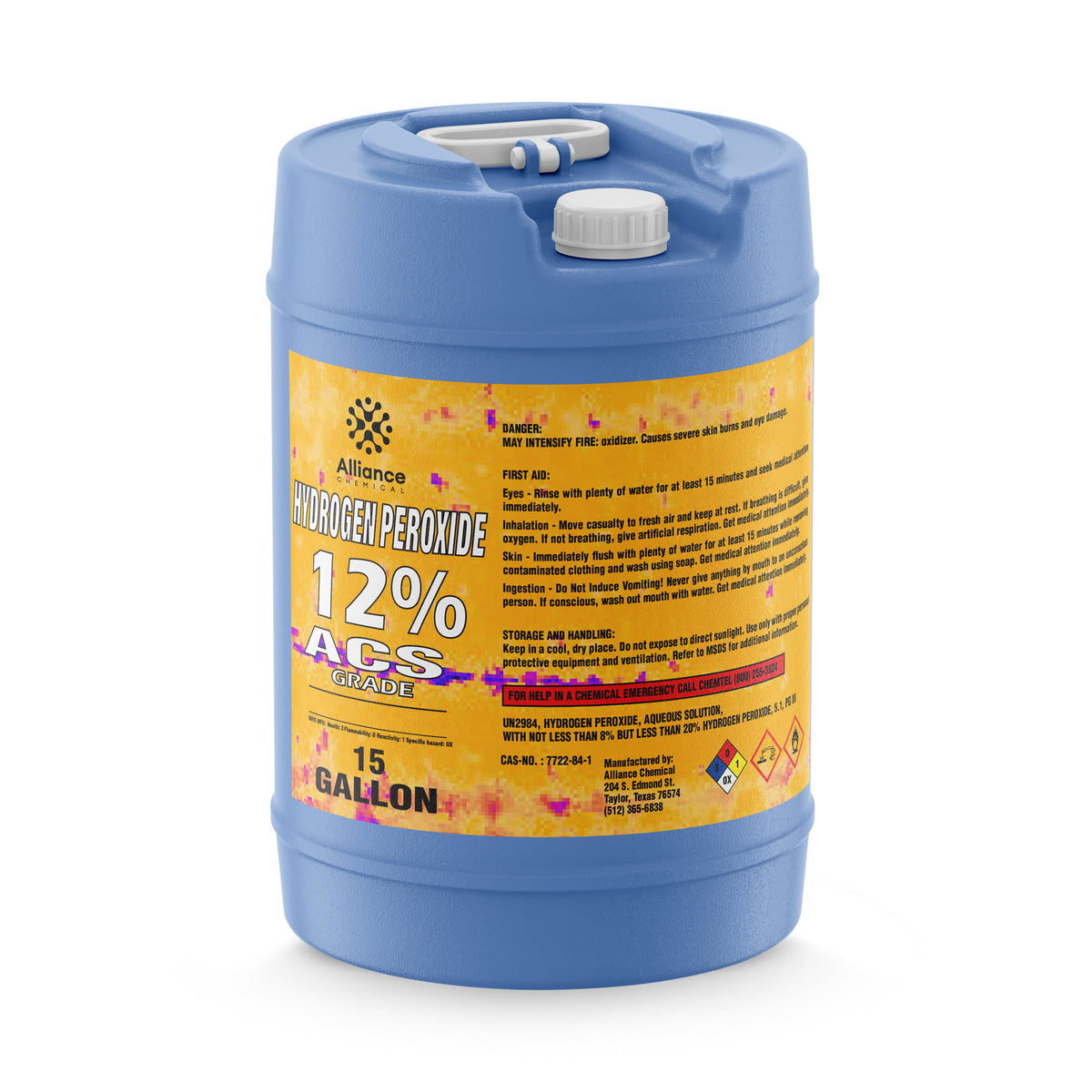 15-gallon blue HDPE jug of Alliance Chemical Hydrogen Peroxide 12% ACS Grade with a white screw cap and handle.