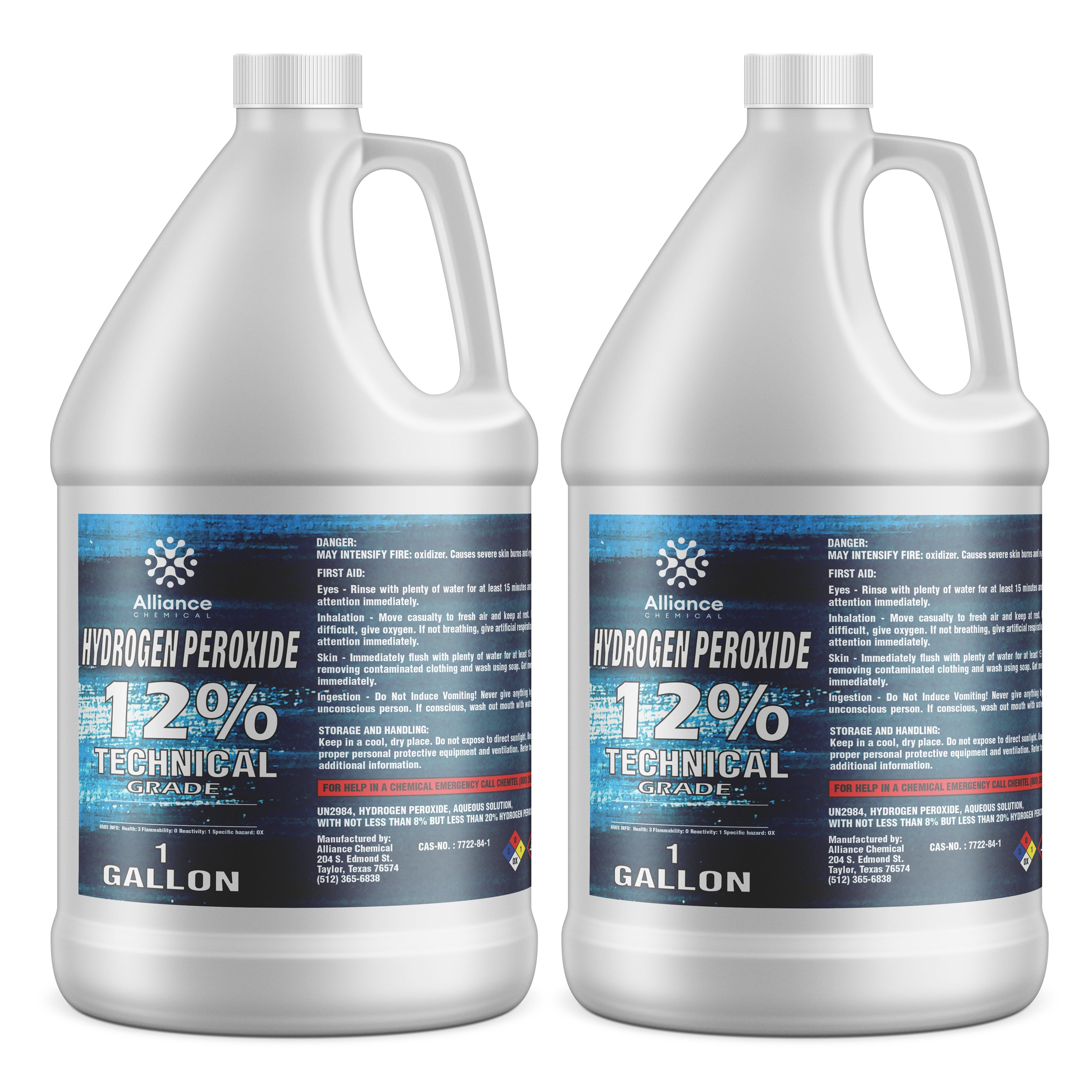 1-gallon HDPE bottles of Alliance Chemical 12% Technical Grade Hydrogen Peroxide with blue hazard labels and safety warnings, UN2984 classified.