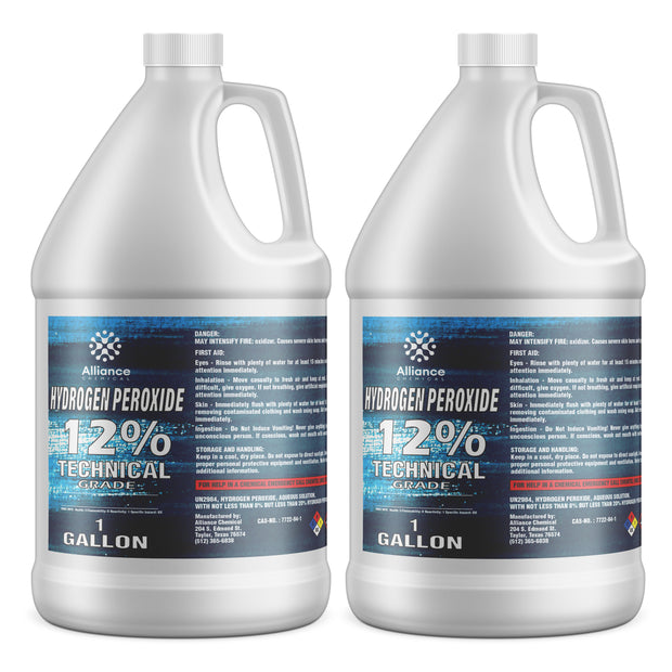 1-gallon HDPE bottles of Alliance Chemical 12% Technical Grade Hydrogen Peroxide with blue hazard labels