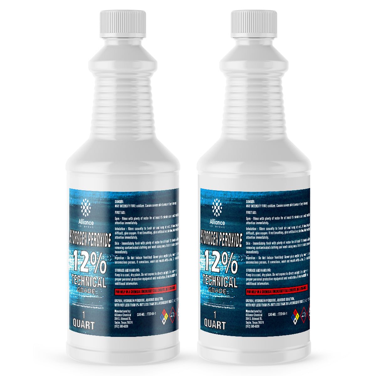 1-quart bottles of Alliance Chemical 12% Technical Grade Hydrogen Peroxide in HDPE containers with blue labels and NFPA