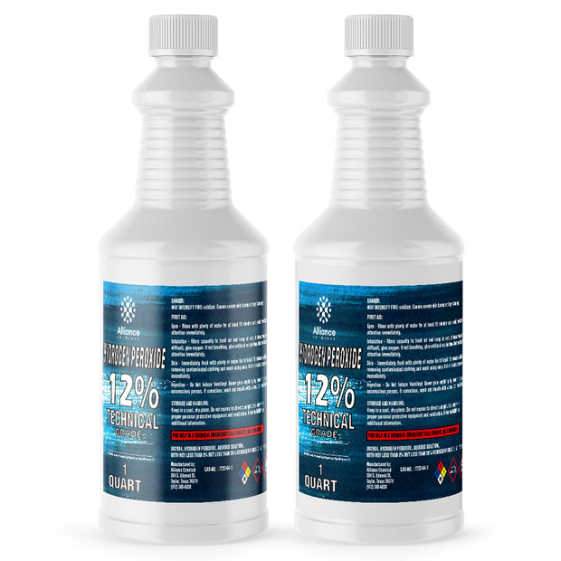 1-quart bottles of Alliance Chemical 12% Technical Grade Hydrogen Peroxide in HDPE containers with blue labels and NFPA