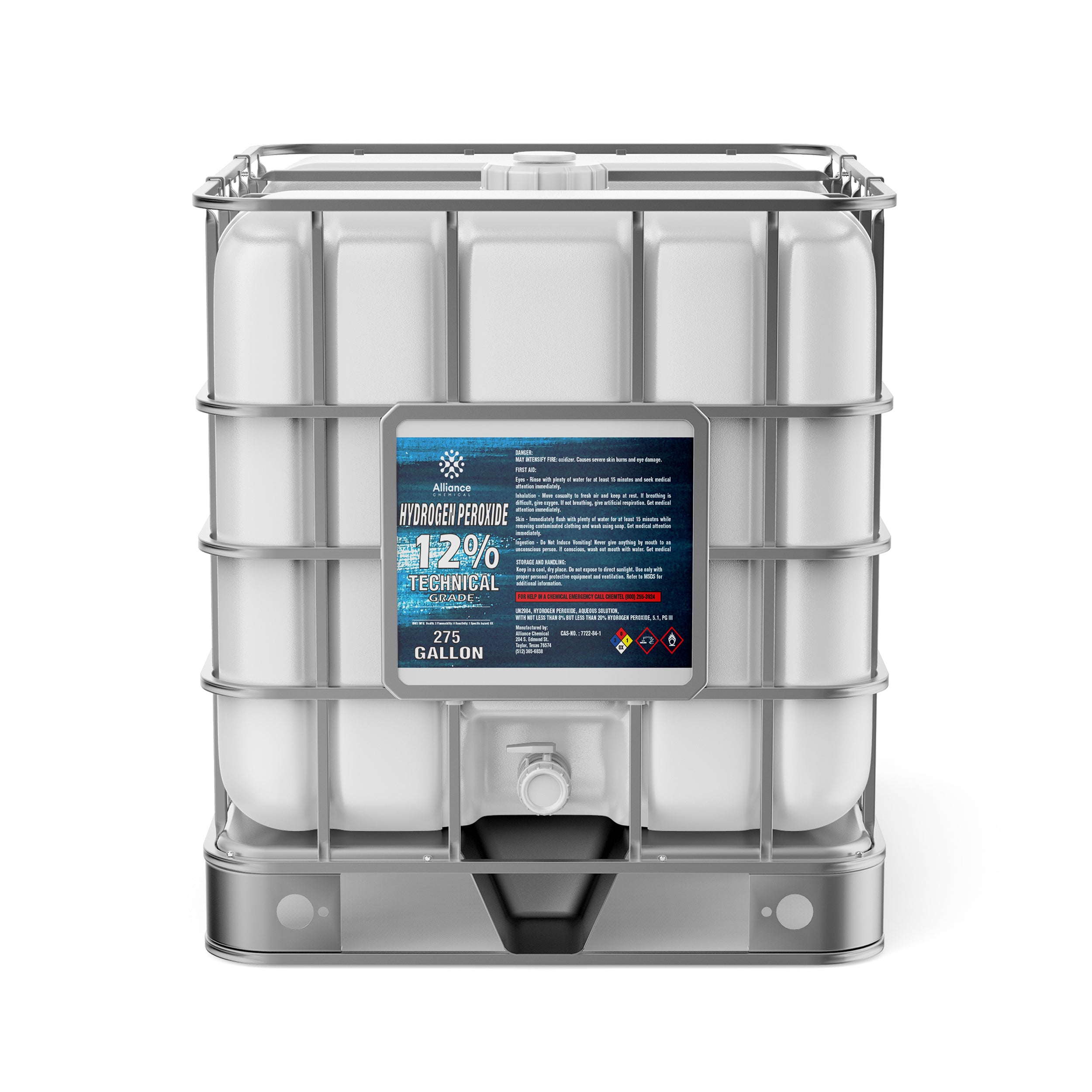 275-gallon IBC tote of 12% Technical Grade Hydrogen Peroxide in white HDPE container with metal cage, safety labeling, and bottom discharge valve.
