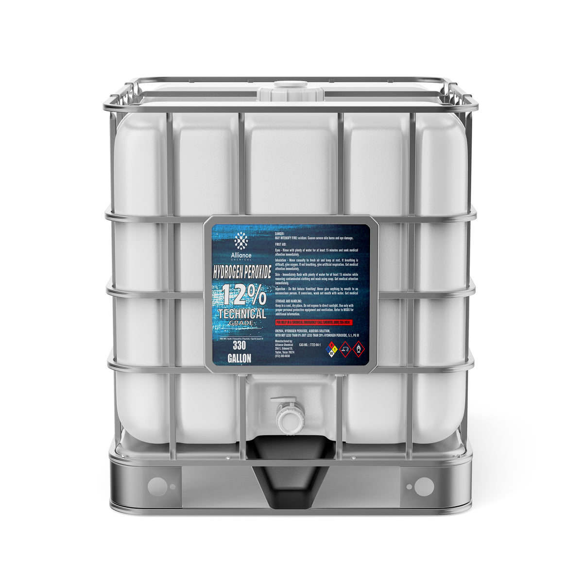 Alliance Chemical 330-gallon tote of Hydrogen Peroxide 12% Technical Grade with a steel cage and a white cap.