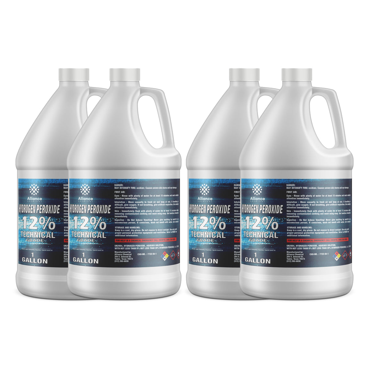 Four 1-gallon HDPE jugs of Alliance Chemical Hydrogen Peroxide 12% Technical Grade with white caps and blue labels