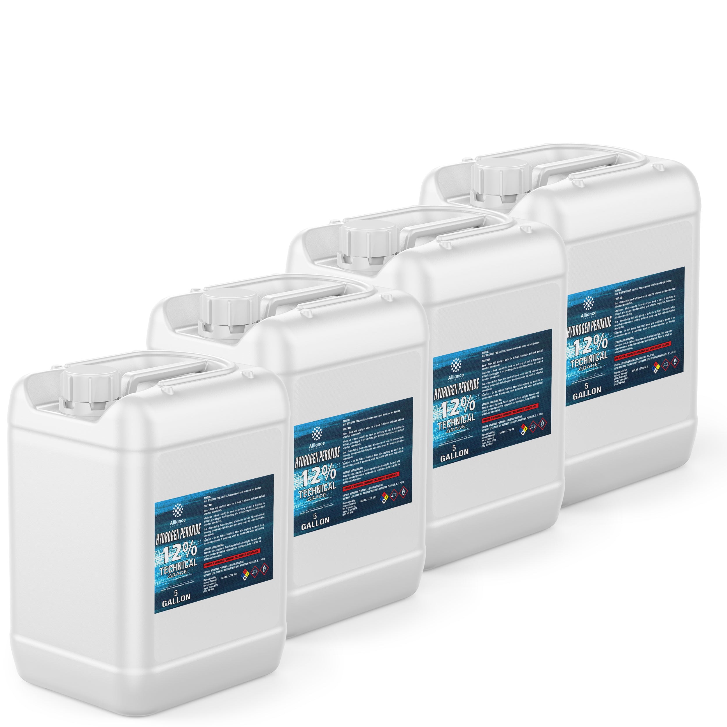 5-gallon containers (4-pack) of 12% Technical Grade Hydrogen Peroxide in white HDPE jugs with blue hazard labels and secure screw-top caps.