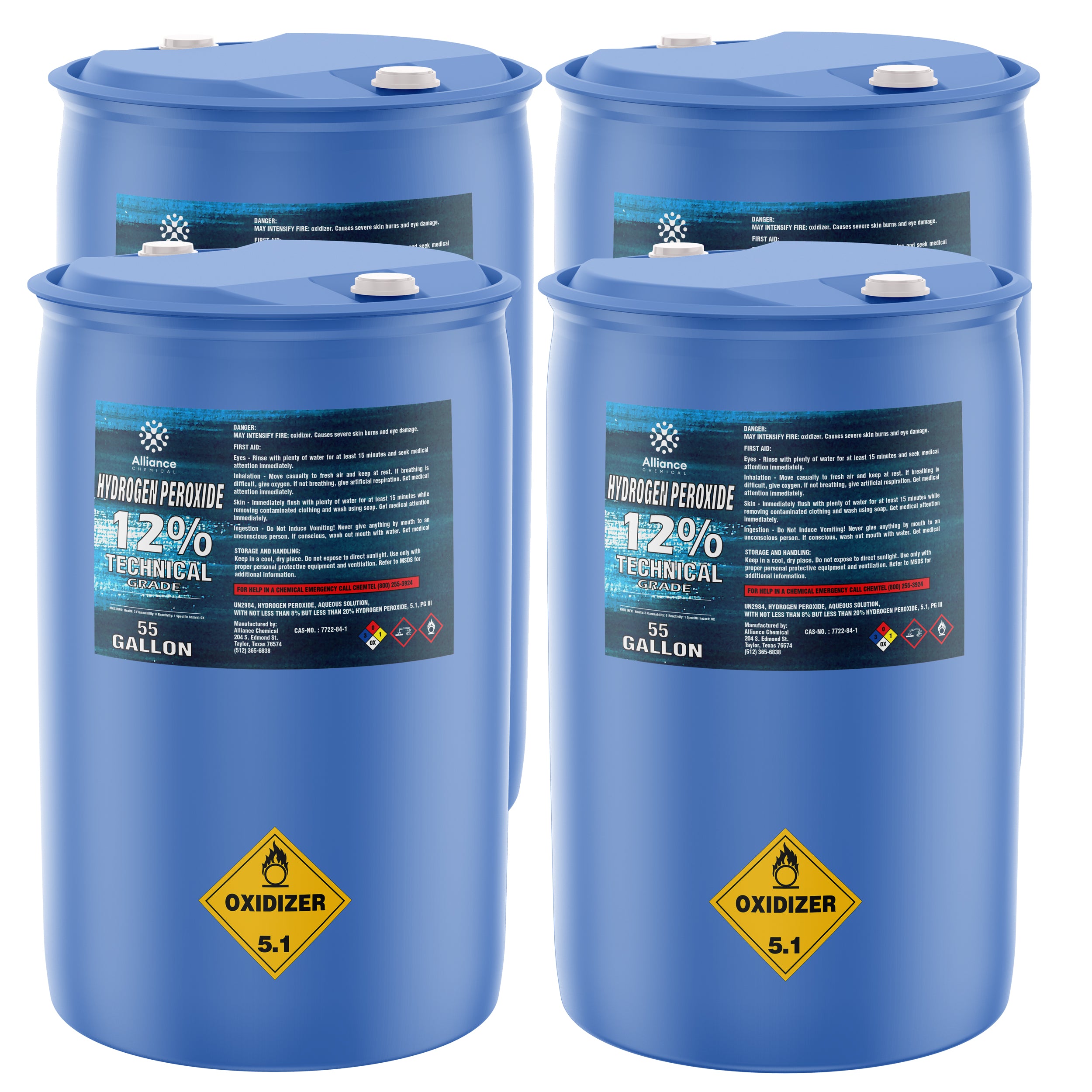 55-gallon blue drums of 12% Technical Grade Hydrogen Peroxide with Oxidizer 5.1 hazard diamond, white cap seals, and Alliance Chemical labeling.