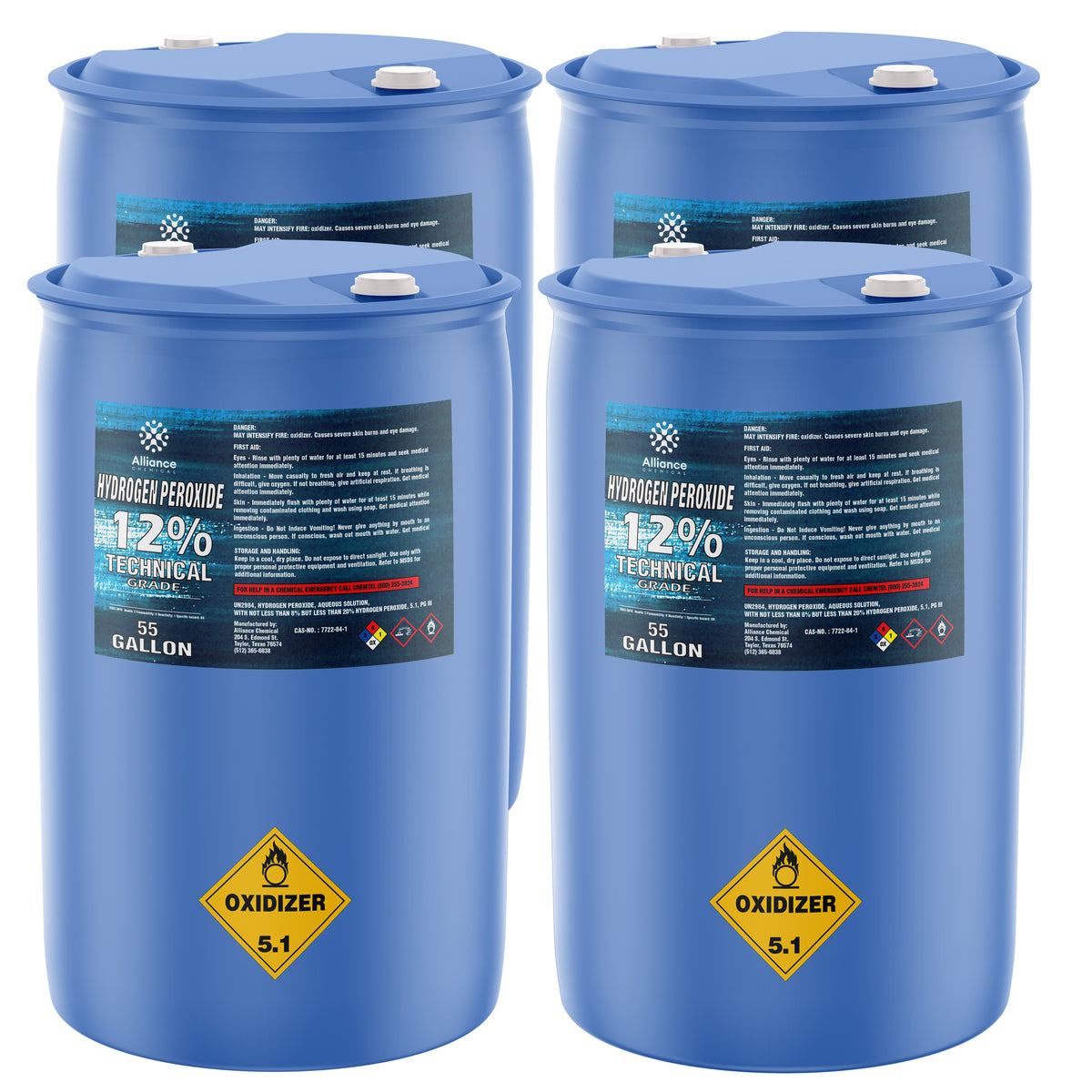 55-gallon blue drums of 12% Technical Grade Hydrogen Peroxide with Oxidizer 5.1 hazard diamond, white, and Alliance Chemical