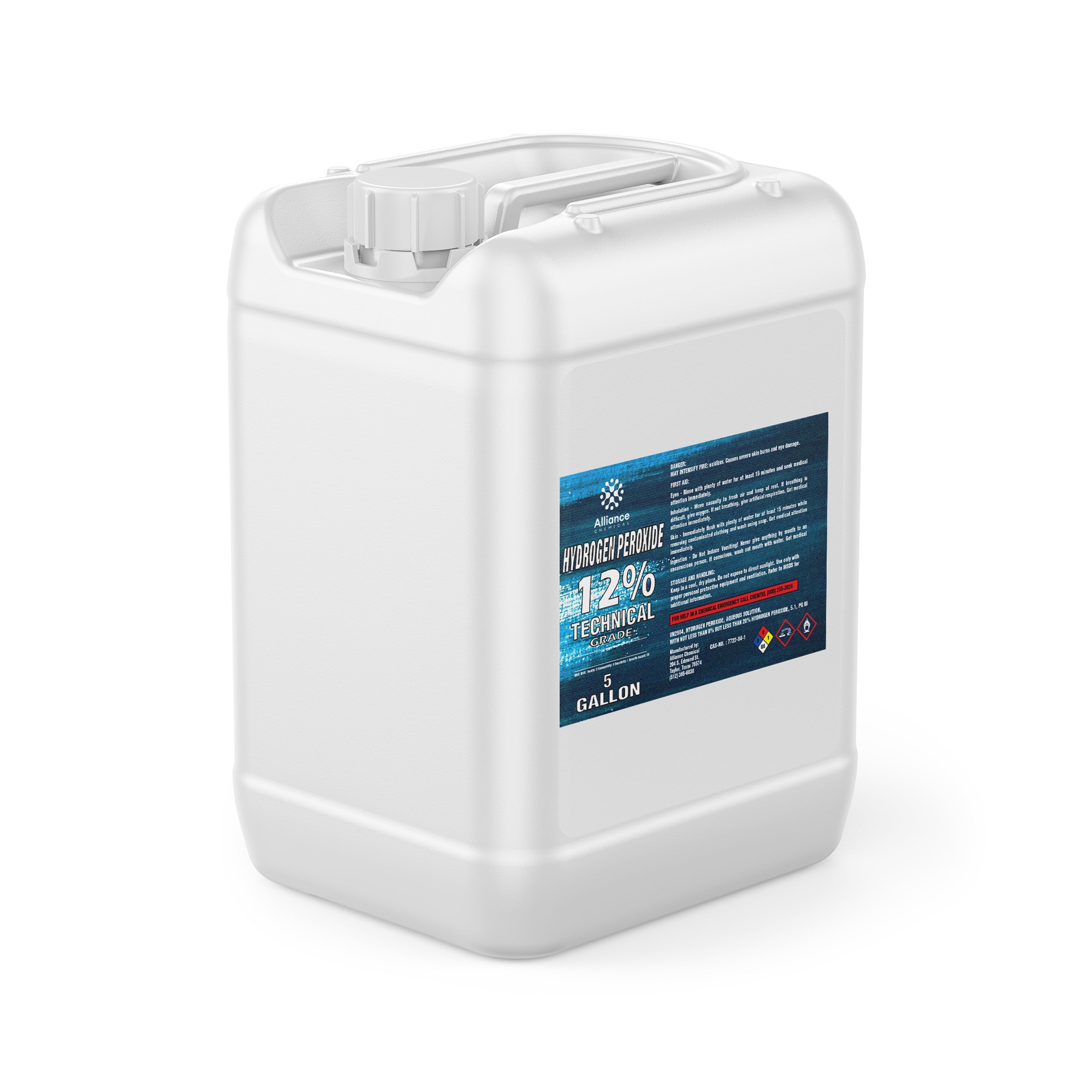 5-gallon HDPE container of 12% Technical Grade Hydrogen Peroxide, white industrial jerry can with blue label, NFPA diamond warning symbols.