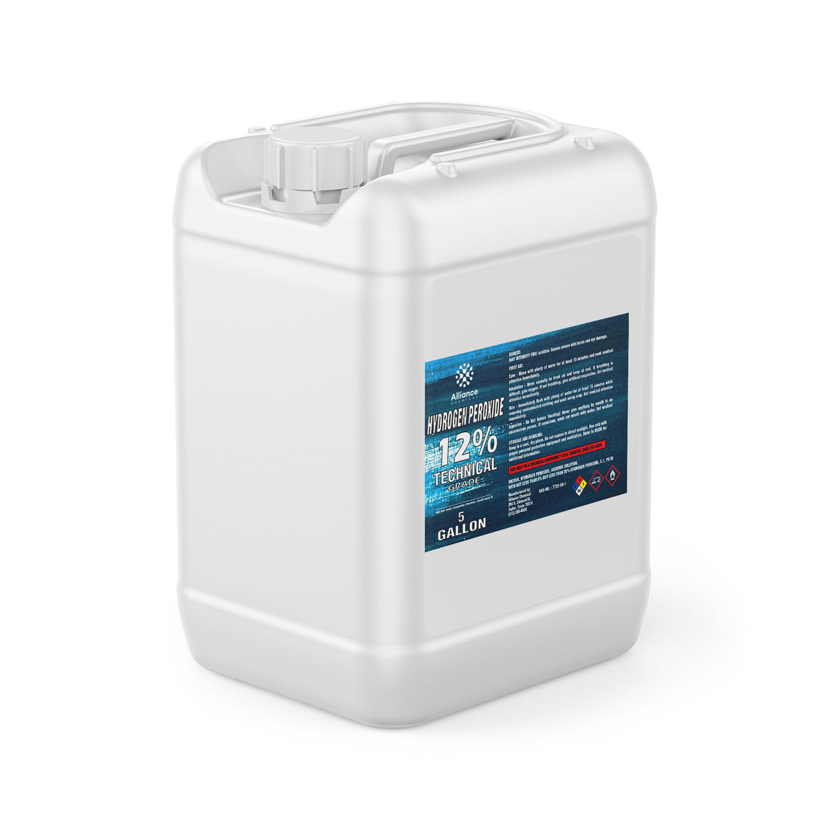 One 5-gallon HDPE jug of Alliance Chemical Hydrogen Peroxide 12% Technical Grade with a screw cap and integrated handle.