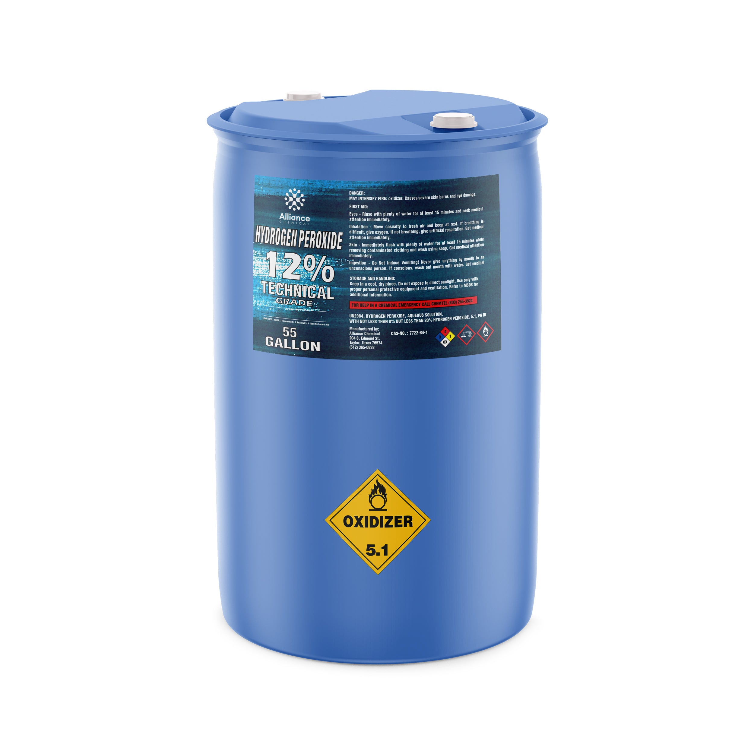 55-gallon blue HDPE drum of 12% Technical Grade Hydrogen Peroxide with Oxidizer 5.1 hazard diamond, Alliance Chemical branded, dual-port lid system.