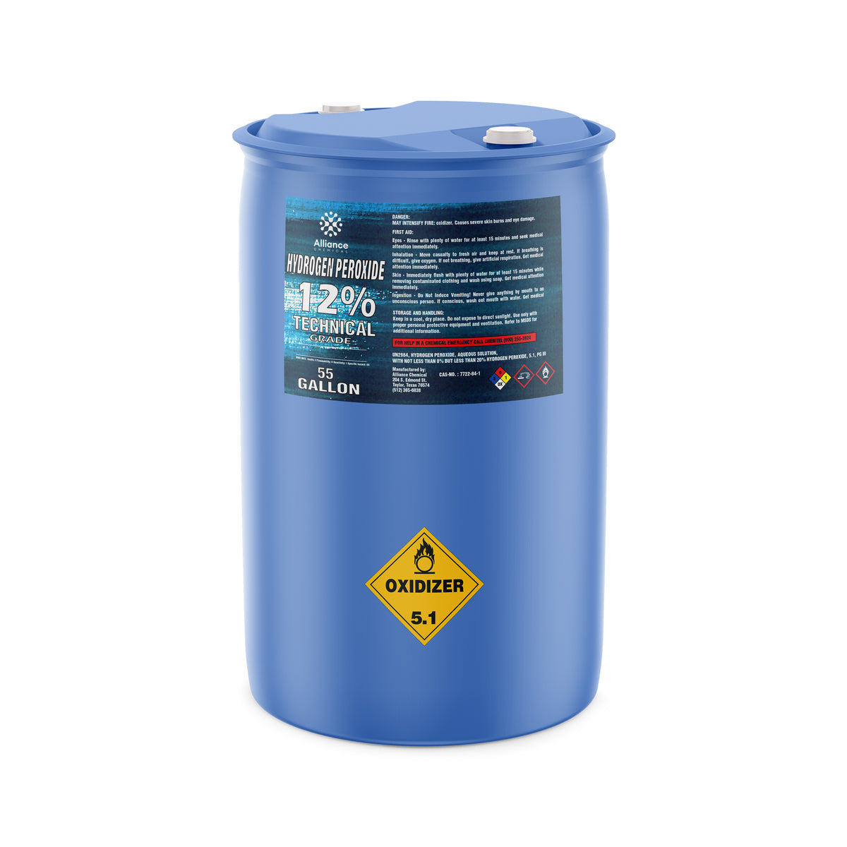 55-gallon HDPE drum of 12% Technical Grade Hydrogen Peroxide with Oxidizer 5.1 hazard diamond, Alliance Chemical branded