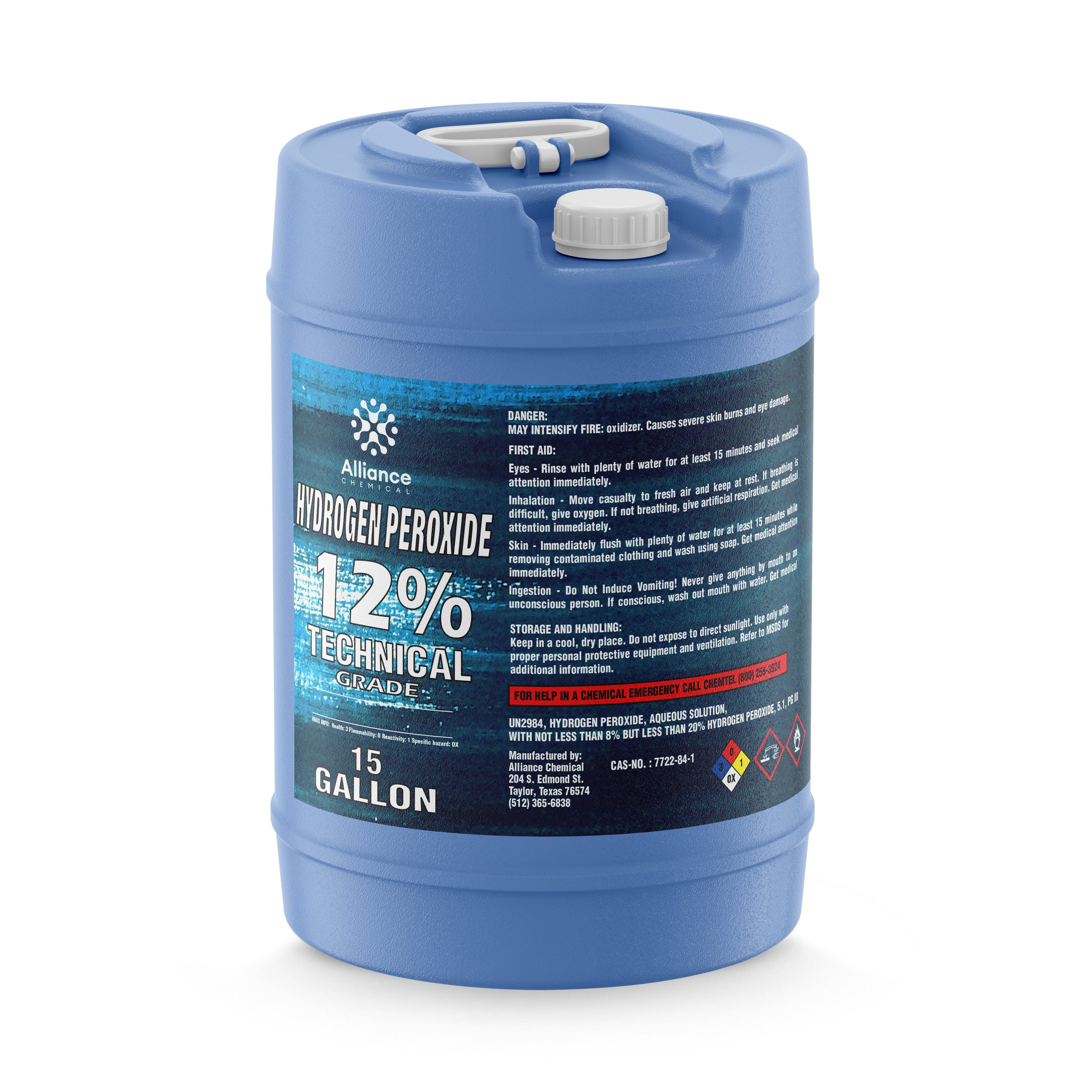 15-gallon blue carboy of 12% technical-grade hydrogen peroxide with hazmat warning labels, oxidizer symbols, and dual-port screw cap.