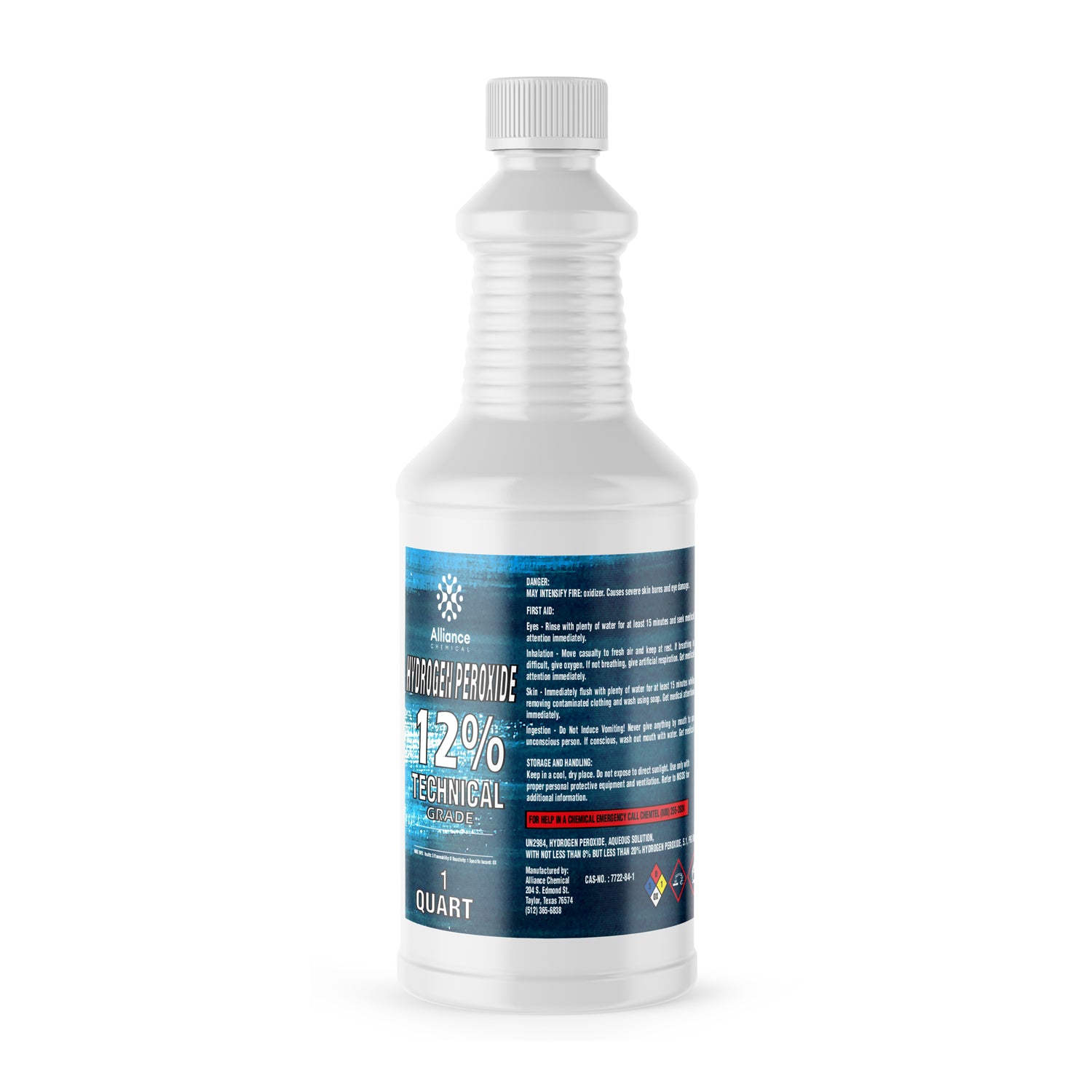 1-quart Technical Grade 12% Hydrogen Peroxide in white HDPE bottle with blue safety label, chemical hazard diamonds, and childproof cap.