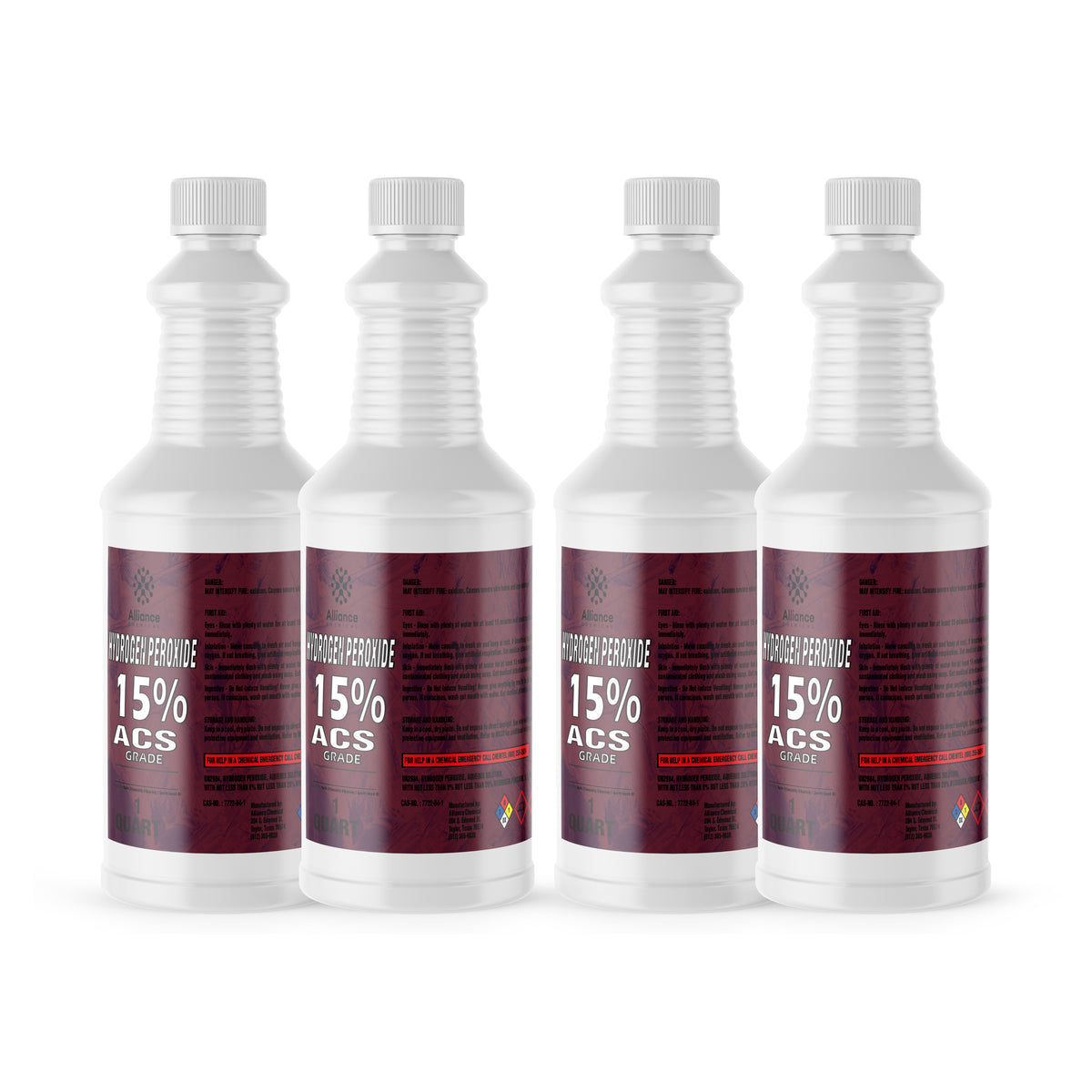 Four 1-quart Alliance Chemical Hydrogen Peroxide 15% ACS Grade HDPE jugs with white screw caps and product labels.