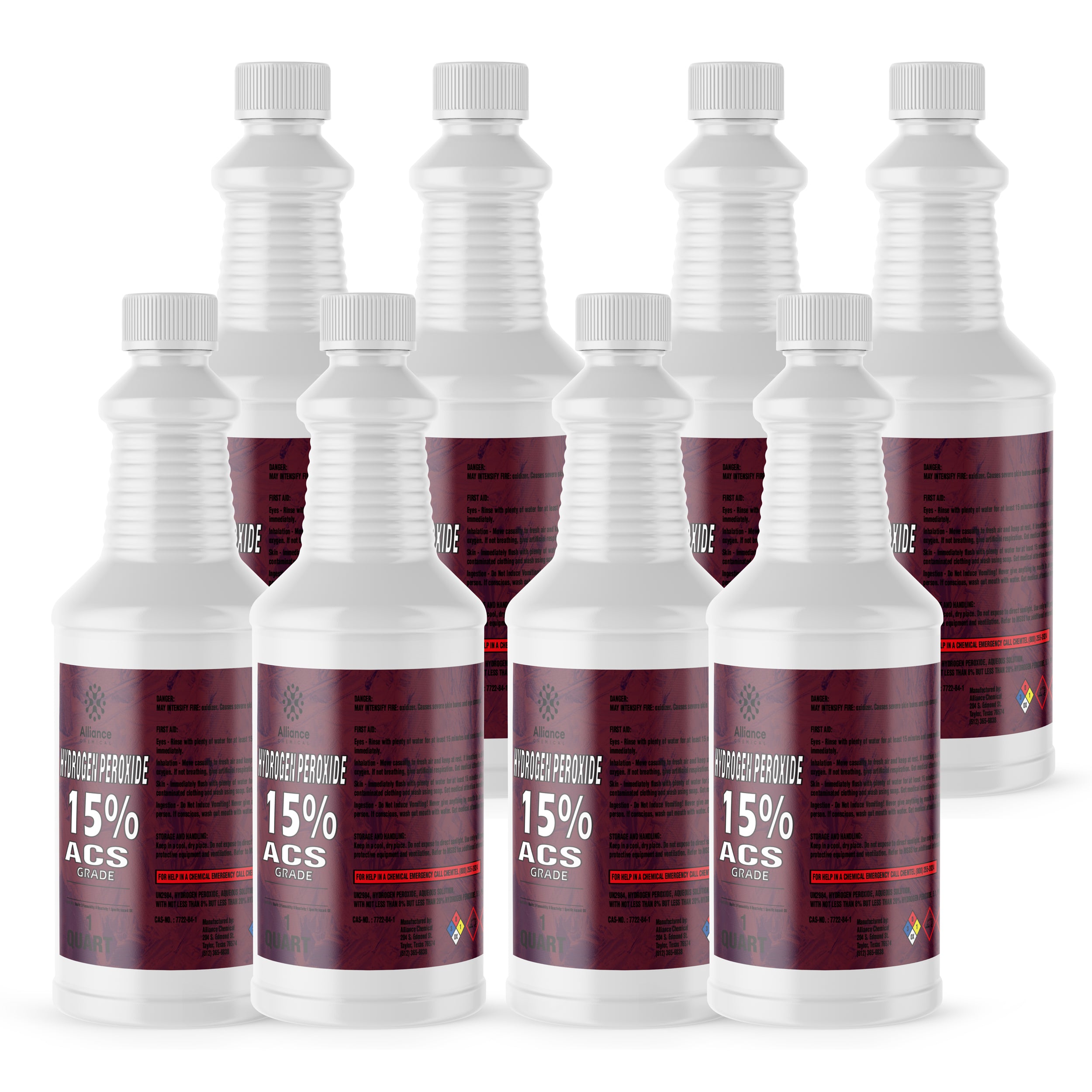 8x1-quart bottles of 15% ACS-grade hydrogen peroxide in white HDPE containers with burgundy labels and NFPA diamond warnings.