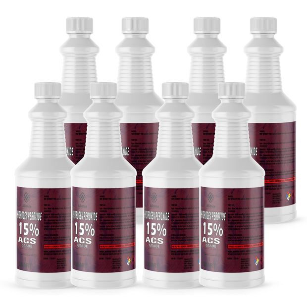 Seven 1-quart HDPE bottles of Alliance Chemical Hydrogen Peroxide 15% ACS Grade with white screw caps and product labels