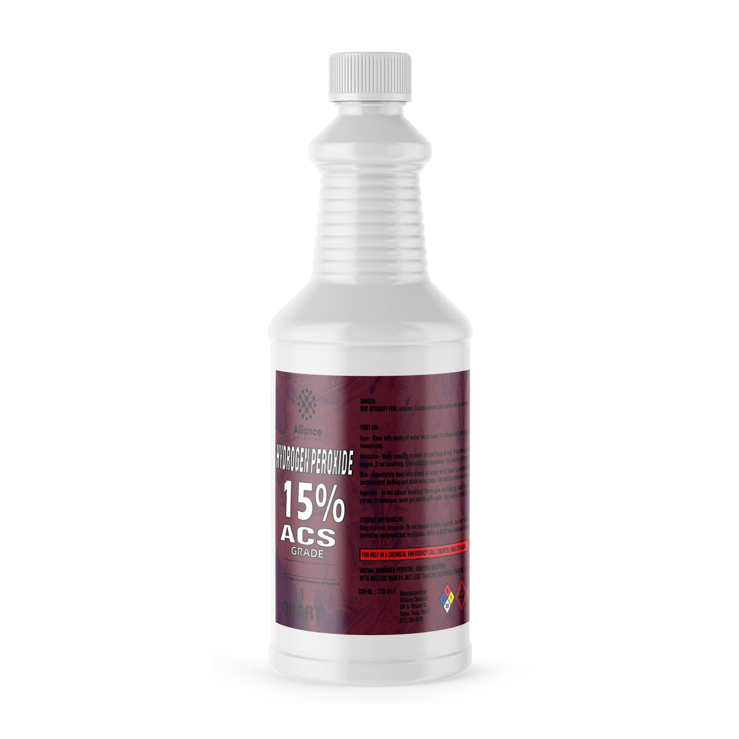 Quart bottle of 15% ACS-grade hydrogen peroxide in white HDPE container with burgundy label, NFPA diamond warning symbol, and ribbed safety cap.