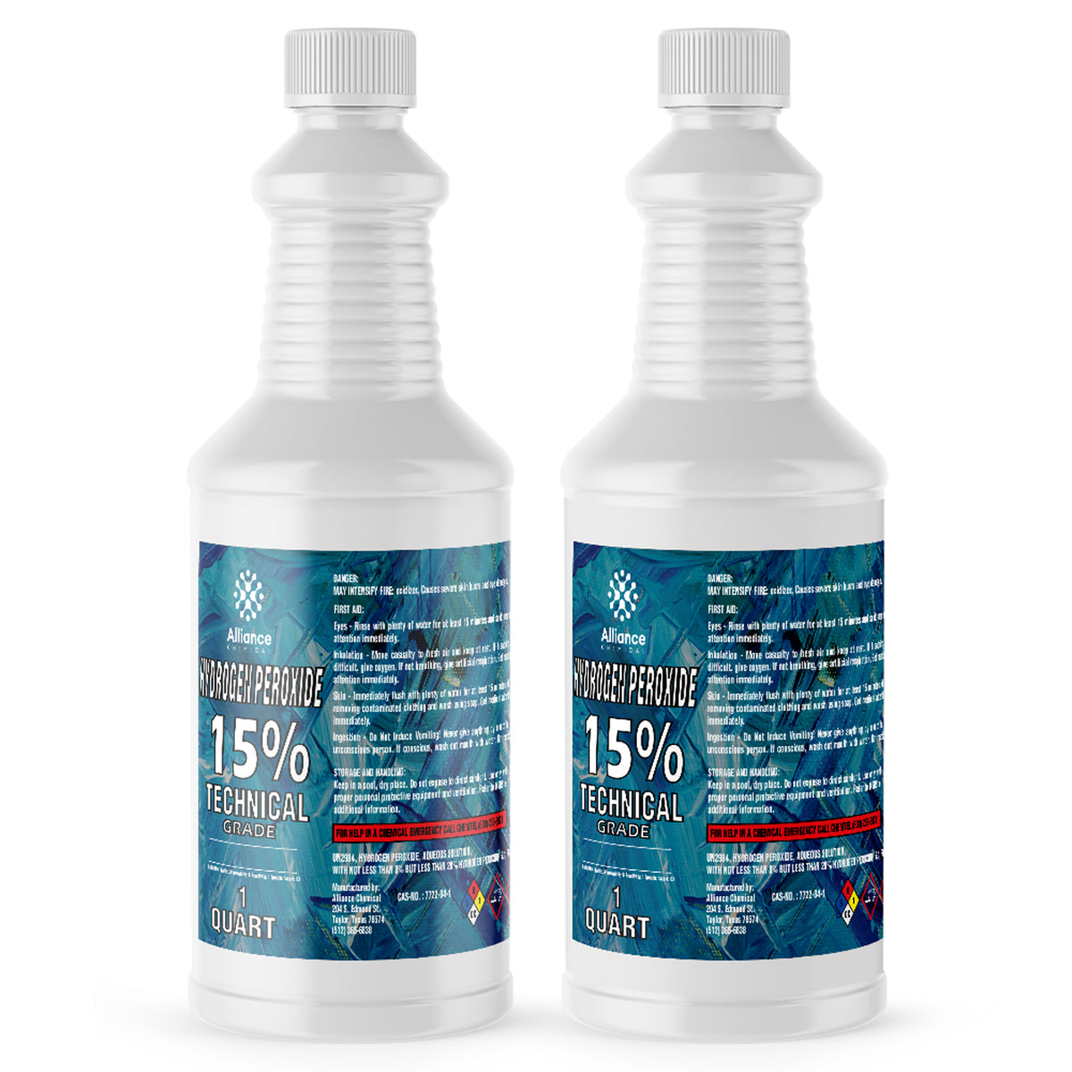 Two 1-quart plastic bottles of Alliance Chemical Hydrogen Peroxide 15% Technical Grade with white caps and labels.