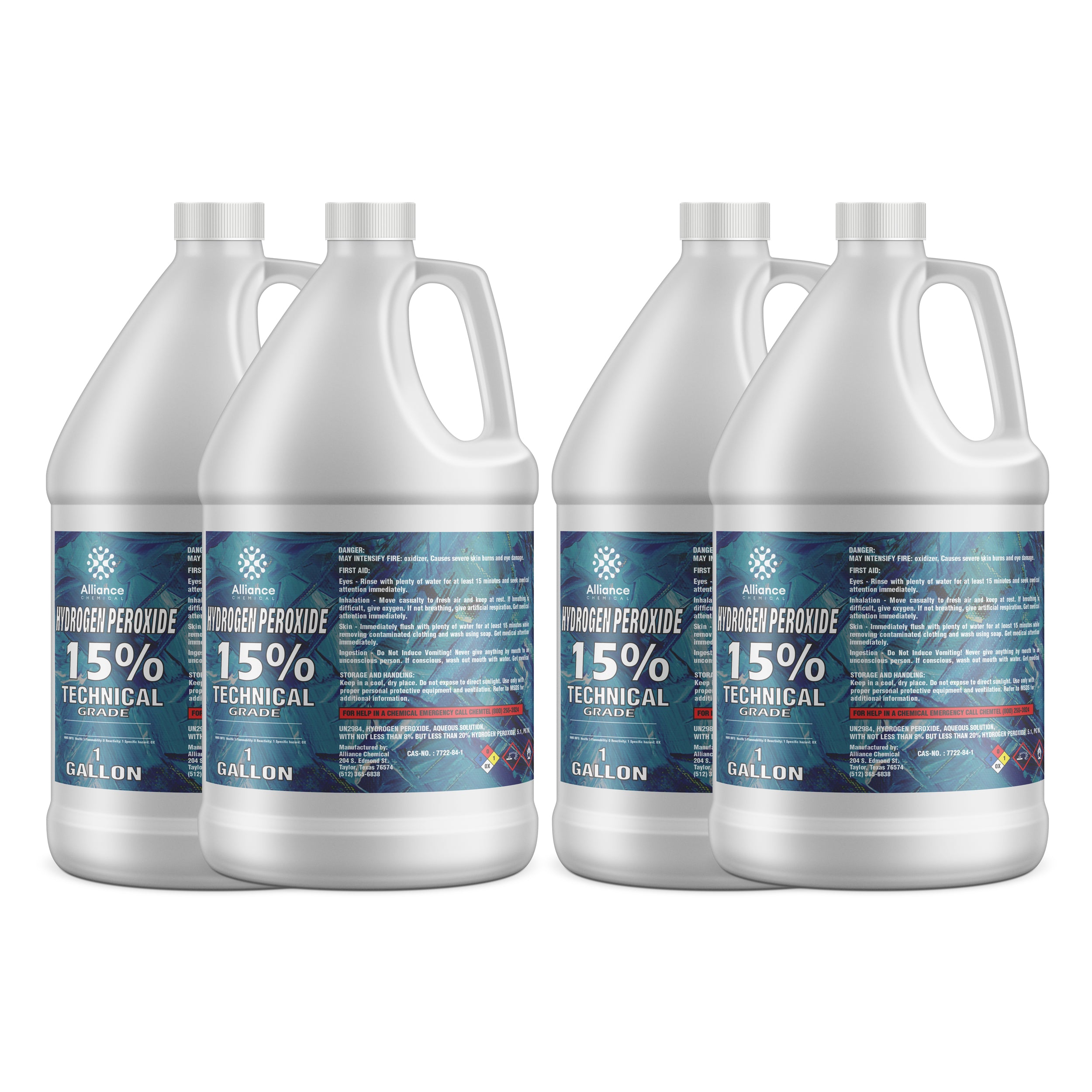 4x1-gallon bottles of 15% Technical Grade Hydrogen Peroxide in white HDPE containers with blue labels, hazmat symbols, and safety warnings.
