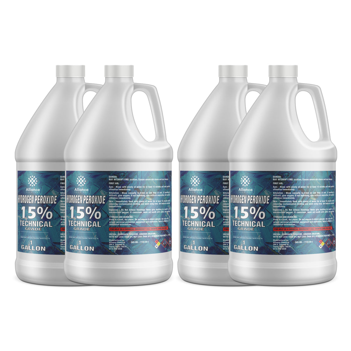 Four 1-gallon HDPE jugs of Alliance Chemical Hydrogen Peroxide 15% Technical Grade with labels and handles.