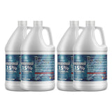 Four 1-gallon HDPE jugs of Alliance Chemical Hydrogen Peroxide 15% Technical Grade with labels and handles.
