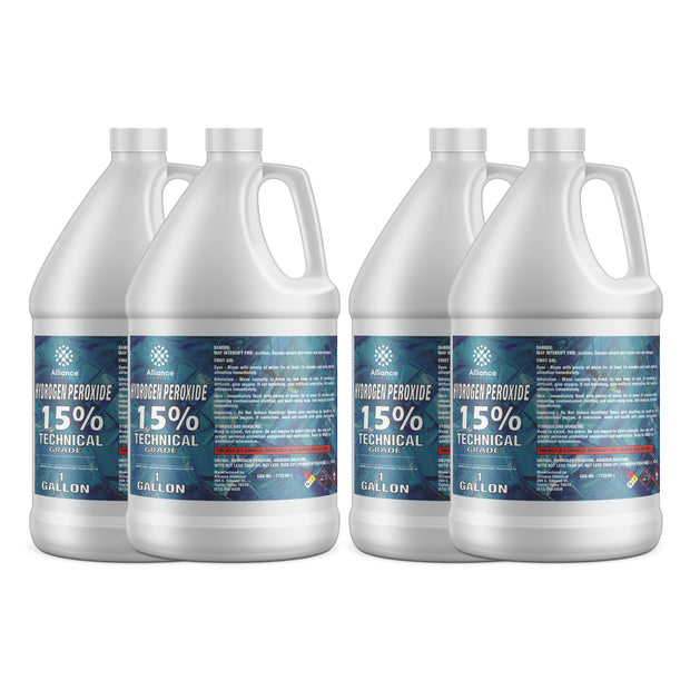 Four 1-gallon HDPE jugs of Alliance Chemical Hydrogen Peroxide 15% Technical Grade with labels and handles.