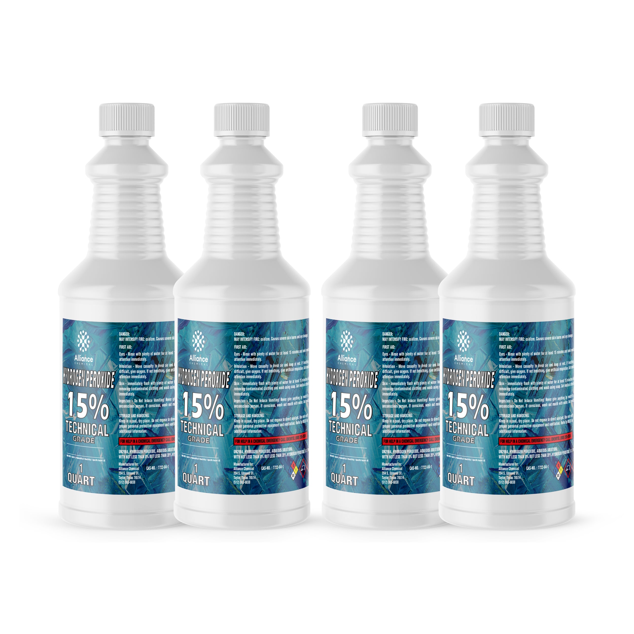 Four 1-quart bottles of 15% Technical Grade Hydrogen Peroxide in white HDPE containers with blue-gradient labels, NFPA hazard diamond visible, ribbed safety caps.