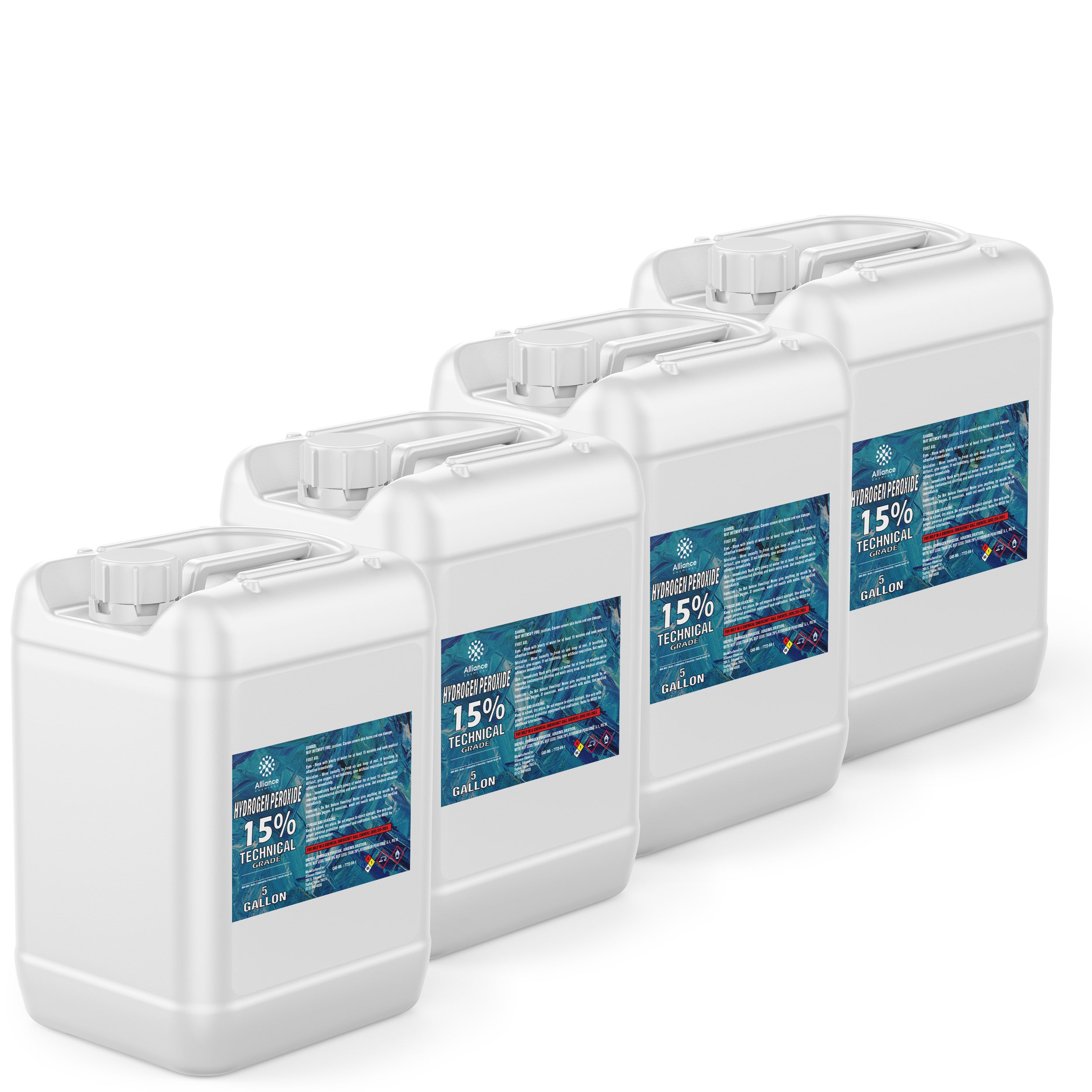 4x5-gallon white HDPE containers of 15% Technical Grade Hydrogen Peroxide with blue safety labels, hazard warnings, and screw-top caps.