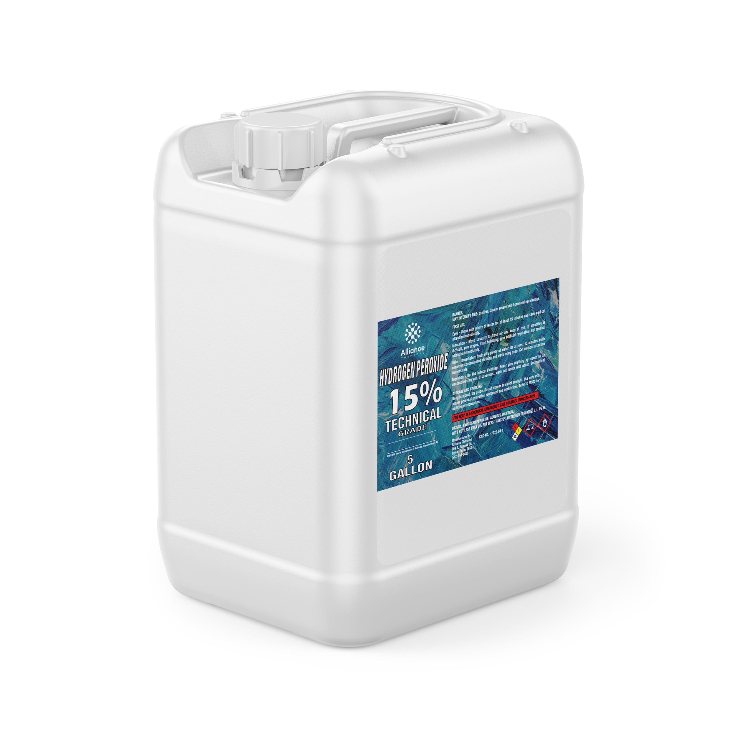 5-gallon white HDPE container of 15% Technical Grade Hydrogen Peroxide with blue label, NFPA diamond warning symbols, and secure screw-top closure.