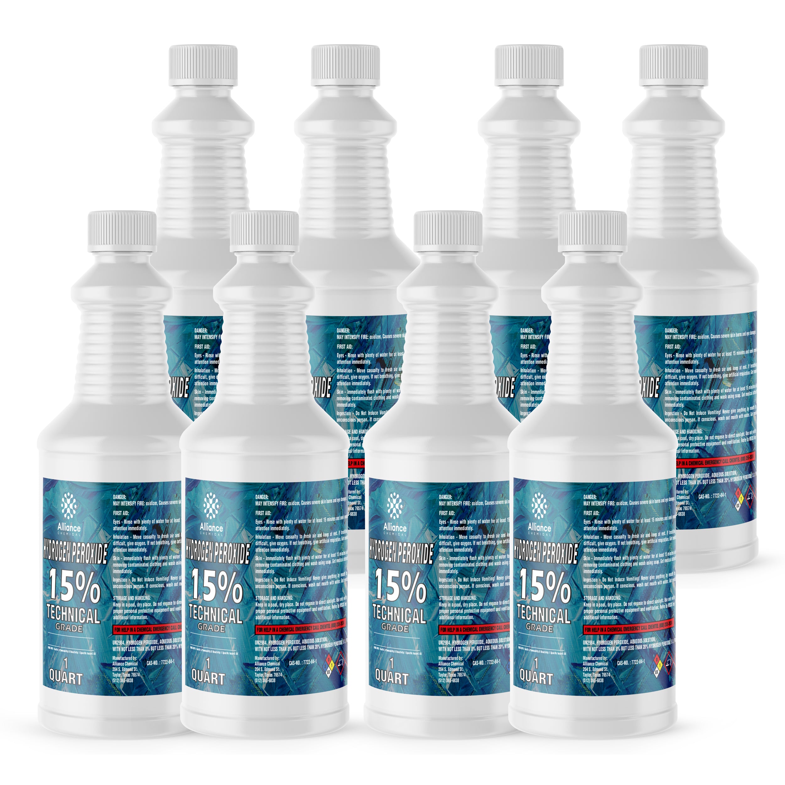 1-quart bottles of 15% Technical Grade Hydrogen Peroxide in white HDPE containers with safety caps, hazard labels, and Alliance Chemical branding.
