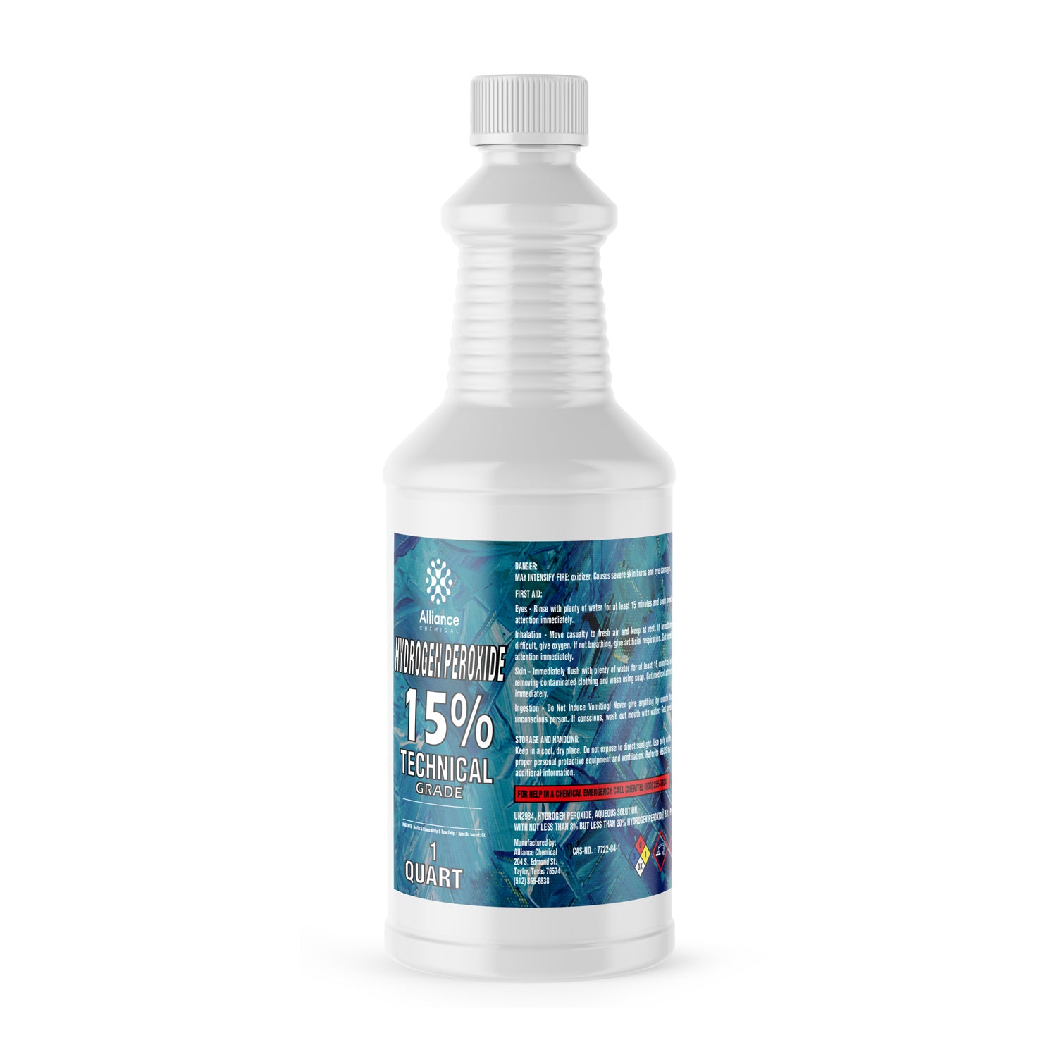 1-quart technical-grade 15% hydrogen peroxide in white HDPE bottle with blue label, NFPA diamond warning symbol, chemical structure background.