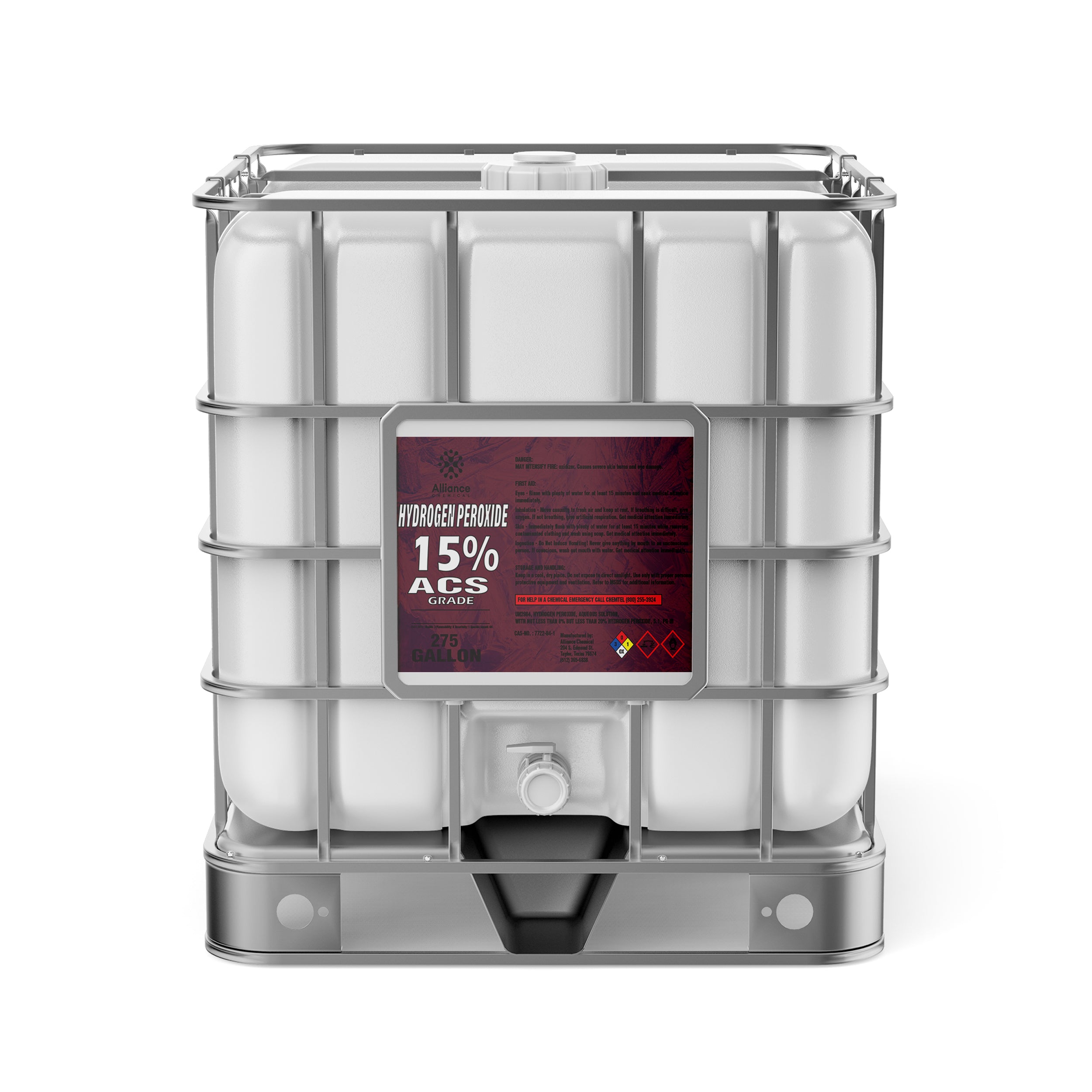 275-gallon IBC tote of 15% ACS-grade hydrogen peroxide with NFPA hazard diamond, metal cage frame, and bottom discharge valve.