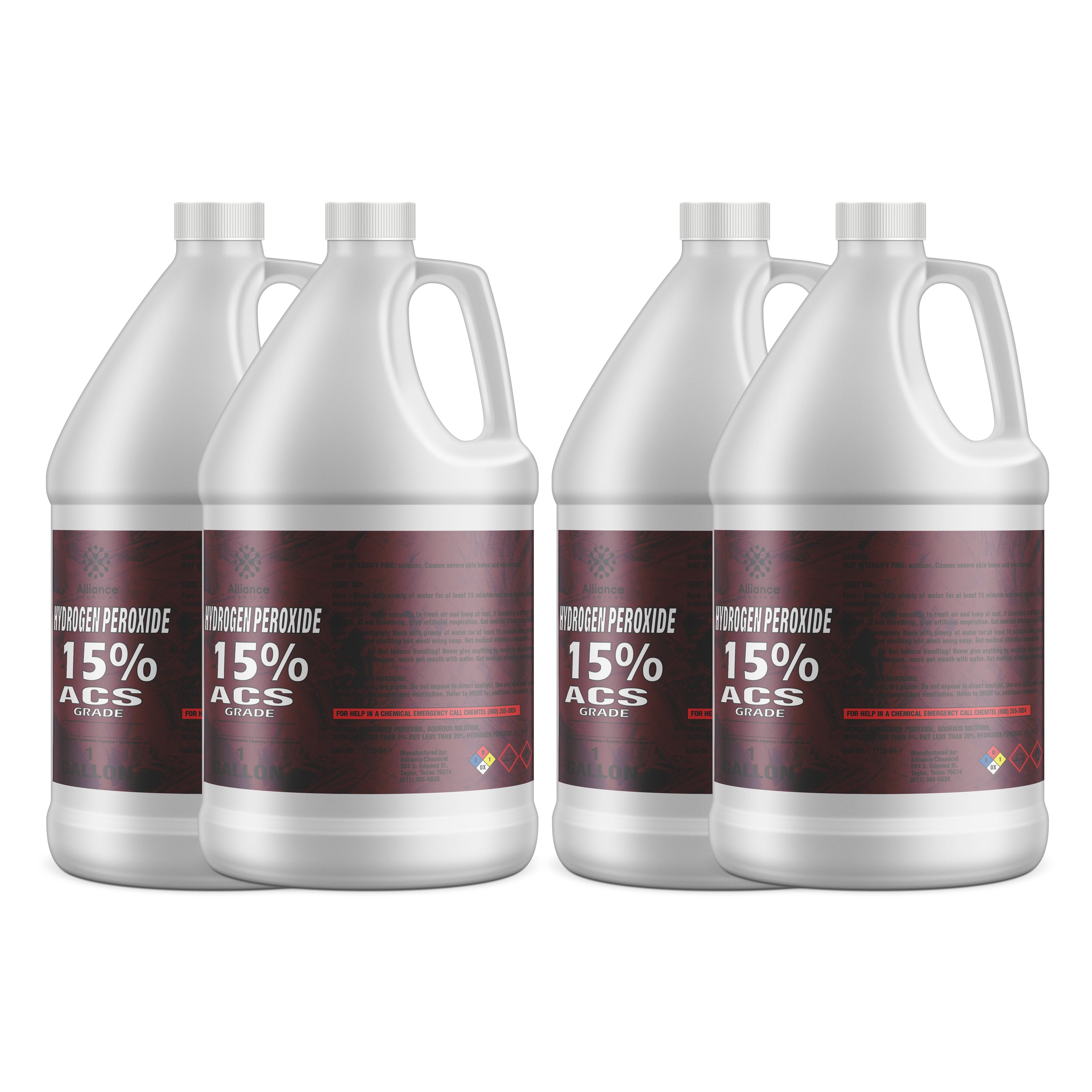 4x1-gallon HDPE jugs of 15% ACS-grade hydrogen peroxide in white containers with burgundy labels and NFPA chemical hazard warnings.