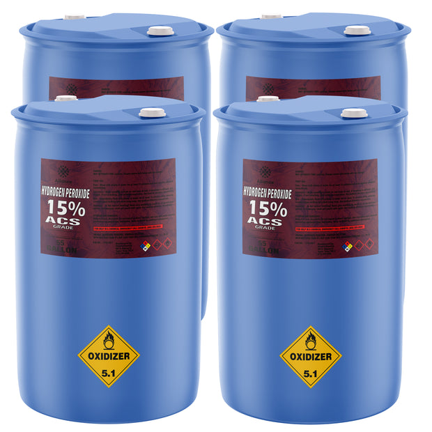 220-gallon set (4x55) of 15% ACS-grade Hydrogen Peroxide in HDPE drums, with Oxidizer 5.1 hazard diamonds and red Alliance