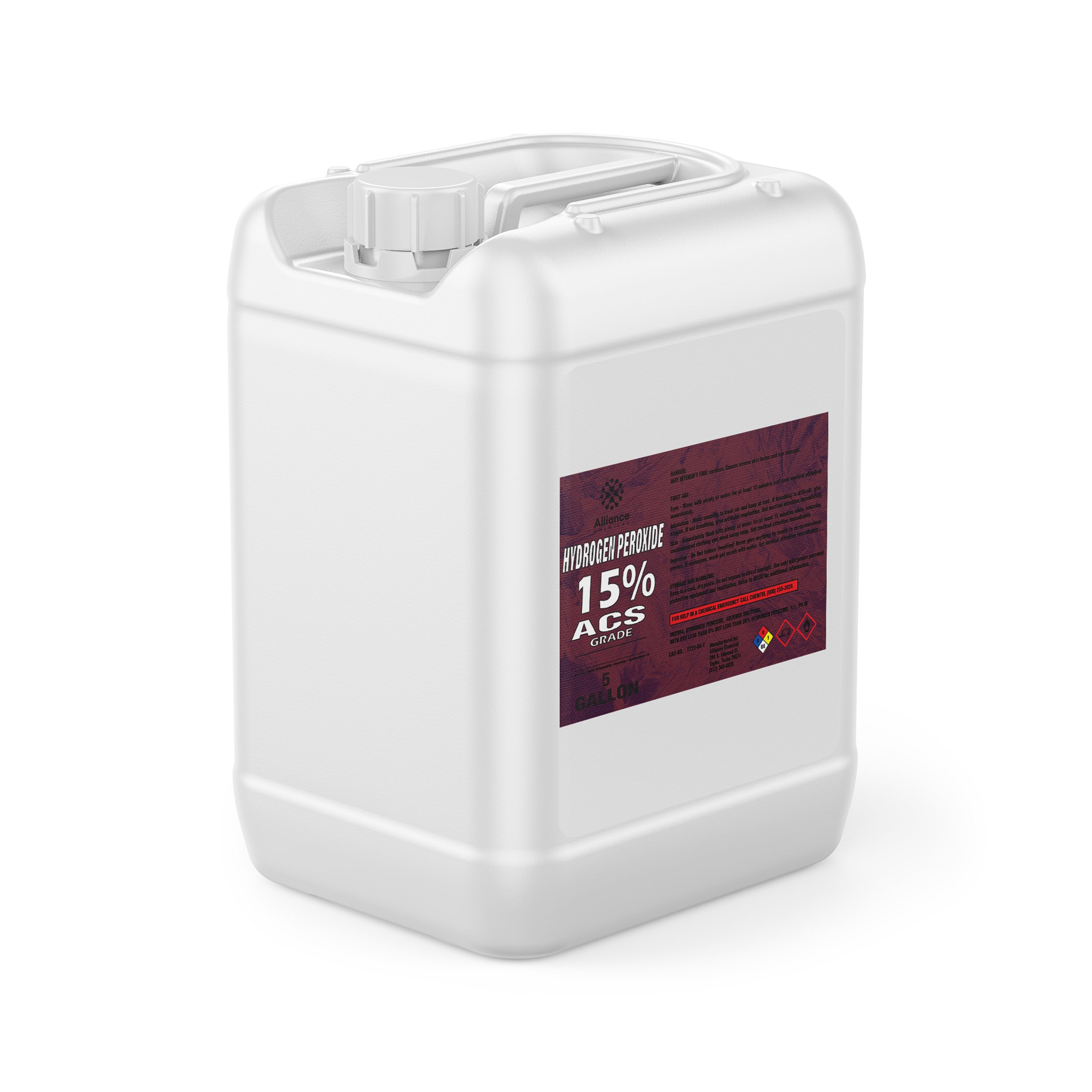 5-gallon white HDPE container of 15% ACS-grade hydrogen peroxide with burgundy product label and NFPA hazard warning symbols.