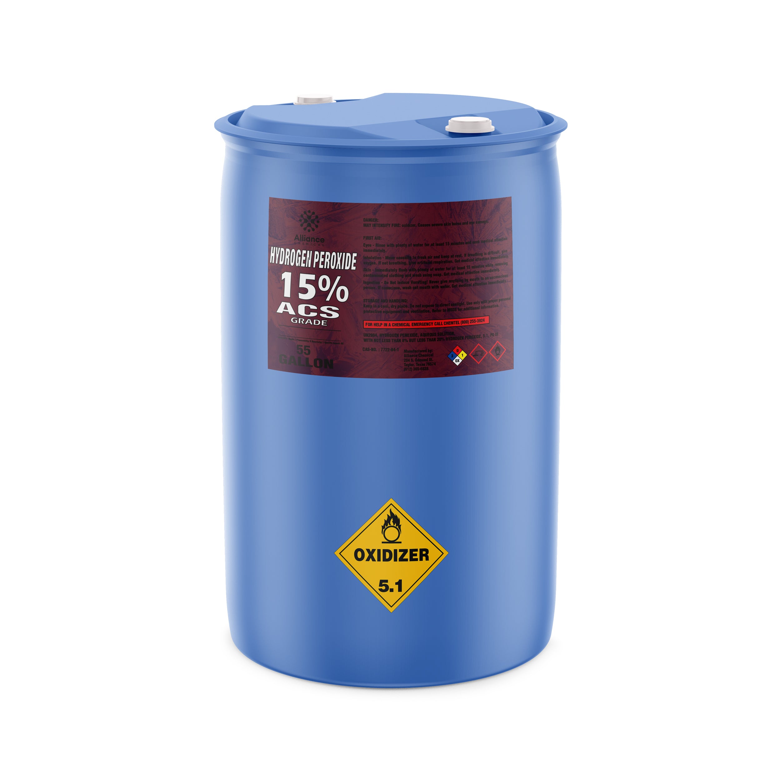 55-gallon blue HDPE drum of 15% ACS-grade hydrogen peroxide with oxidizer 5.1 hazard diamond and red product label, dual-port sealed lid.