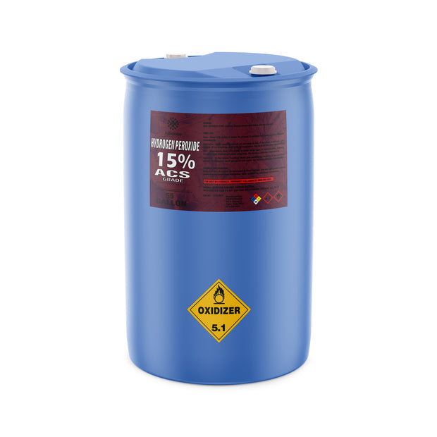 Alliance Chemical 55-gallon blue plastic drum of Hydrogen Peroxide 15% ACS Grade with a label and two white caps.