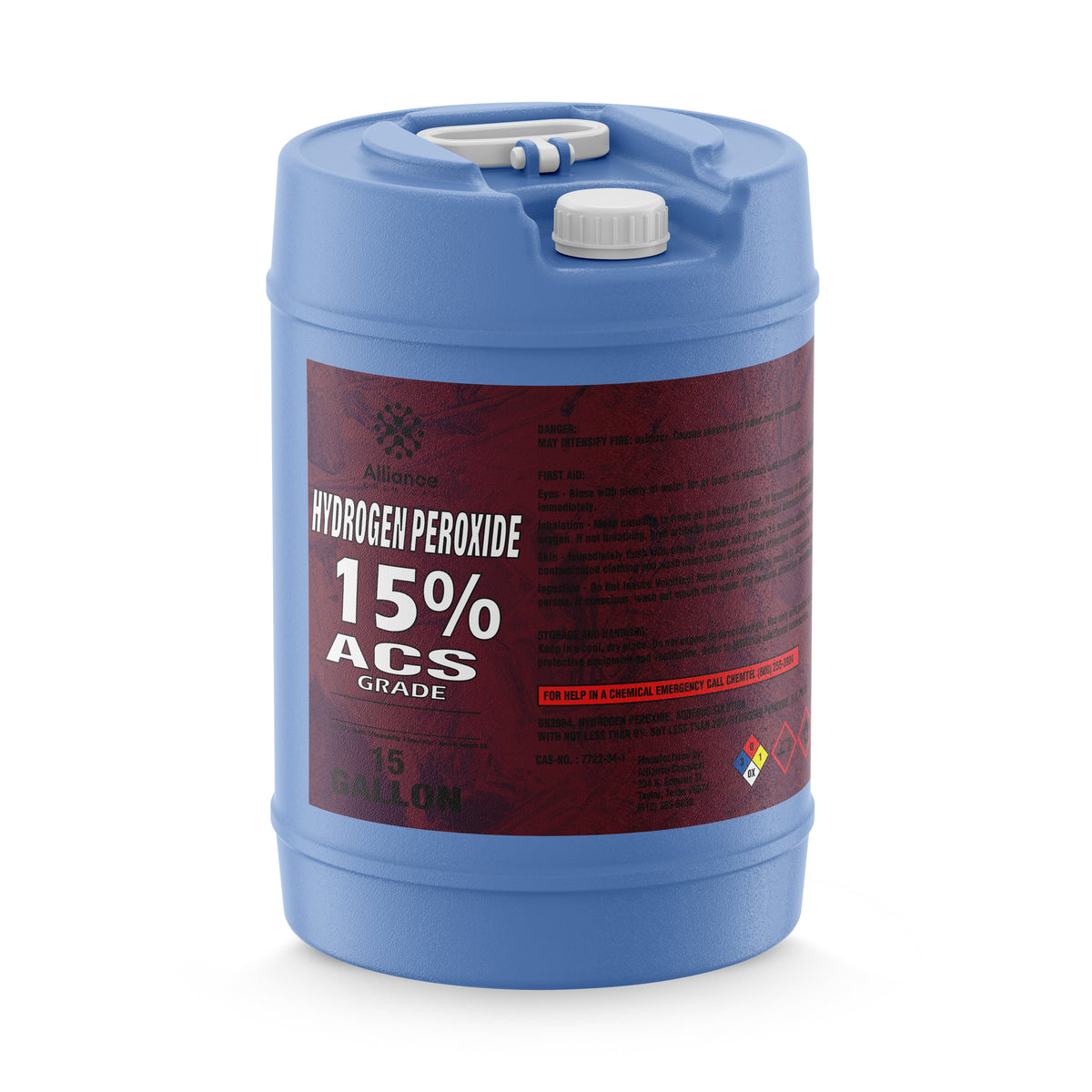 Alliance Chemical 15-gallon HDPE drum of Hydrogen Peroxide 15% ACS Grade with a white screw cap and a molded plastic handle.