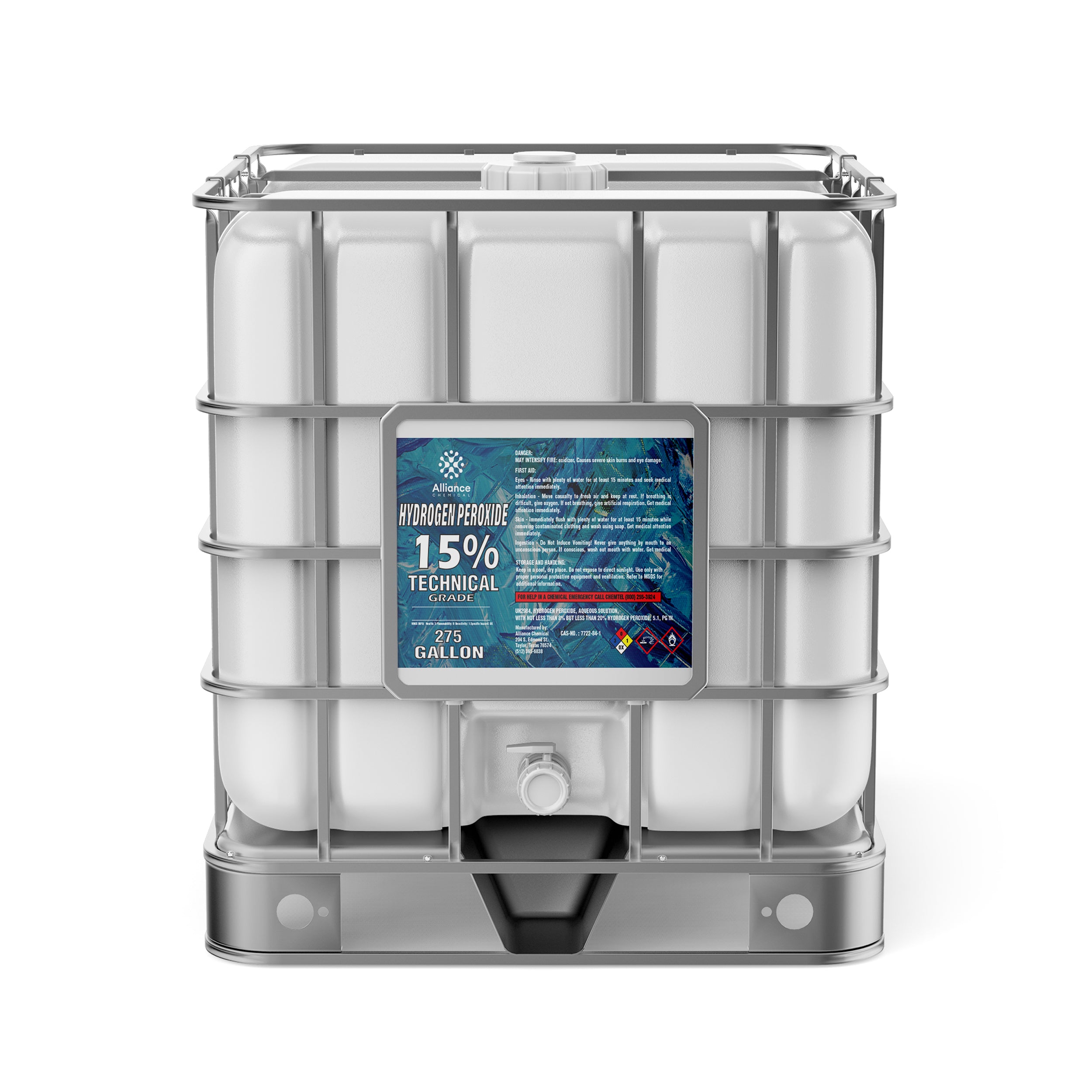 275-gallon IBC tote of 1.5% Technical Grade Hydrogen Peroxide in white HDPE container with metal cage, spigot valve, and NFPA hazard diamond.