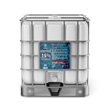 One 330-gallon plastic tote of Alliance Chemical Hydrogen Peroxide 15% Technical Grade with a metal cage and a label.