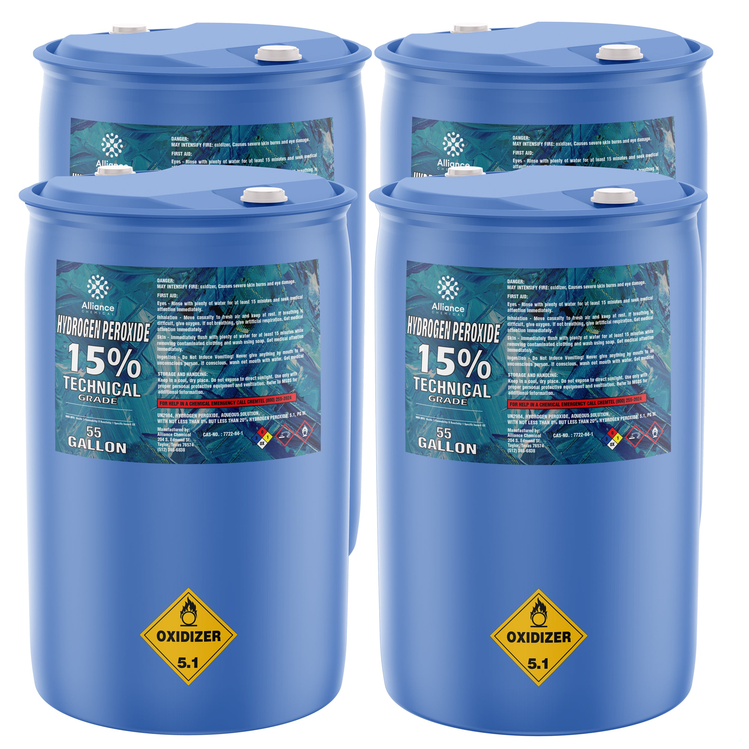 55-gallon blue drums of 15% Technical Grade Hydrogen Peroxide, Alliance Chemical, with Oxidizer 5.1 hazard diamond labels and white safety caps.